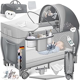 Kidiz® Babybett Reisebett Kinderreisebett klappbar mit Matratze & Räder 120x60, Seiteneingang, Wickelauflage, Moskitonetz & Tragetasche Baby Beistellbett Kinderbett ab Geburt bis 15 kg Grau