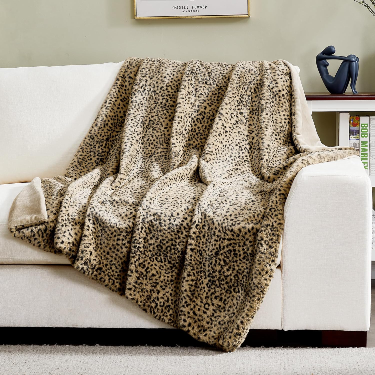 DREAMNINE Luxury Leopard Print Faux Rabbit Fur Blanket for Couch 50" x 60", Decorative Soft Cozy Fluffy Cheetah Microfiber Blankets,Warm Blanket for Winter, Animal Print Thick Fuzzy Lap Blankets, Tan - Image 2