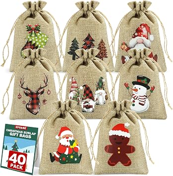 XPCARE 40Pcs Christmas Burlap Bag, 4 x 6 Inch Christmas Gift Bags with Drawstring Xmas Linen Gift Bags Featuring 8 Designs Small Burlap Sacks Jute Goody Gift Bag Reusable Gifts Wrapping for Holiday Party