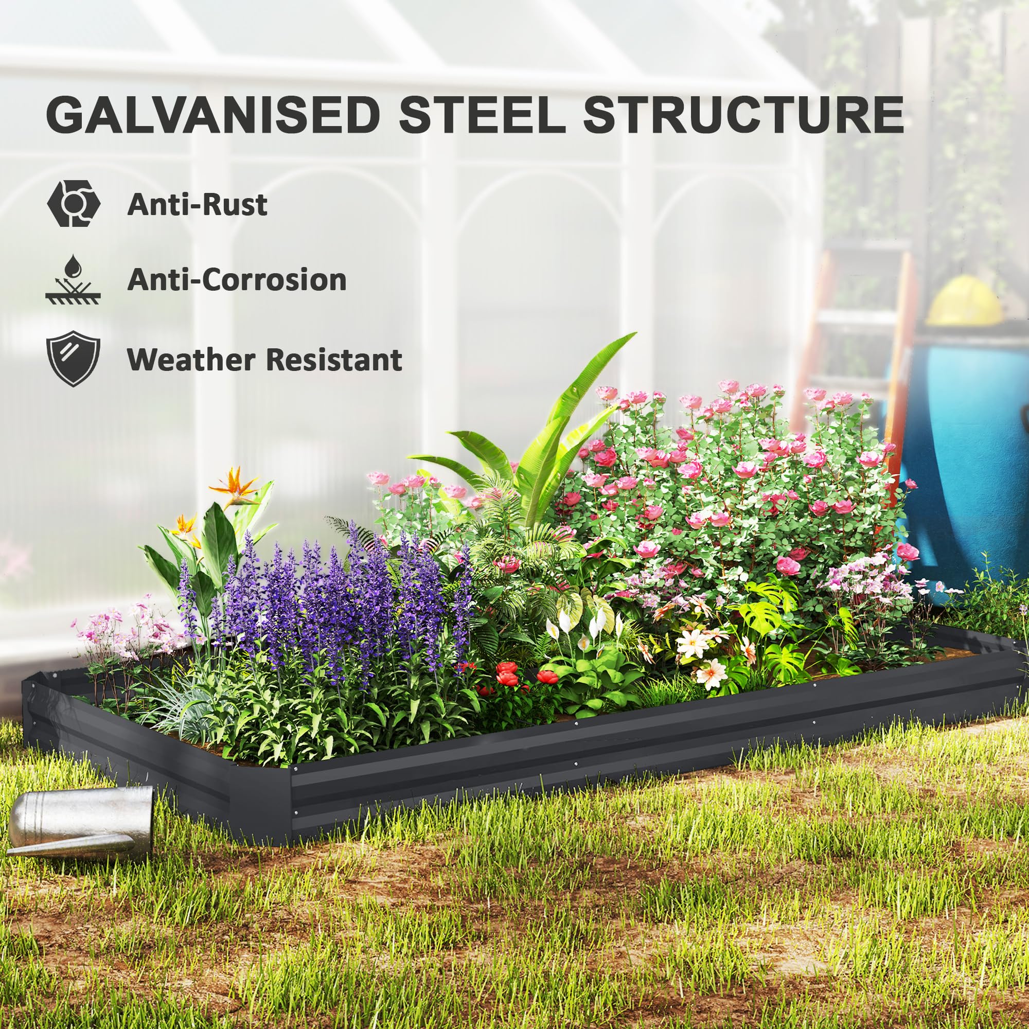 Outsunny Jardinera Rectangular de Exterior con Borde de Seguridad y Base Abierta para Flores y Hierbas, Acero Galvanizado, 240 x 120 x 30 cm, Gris Oscuro
