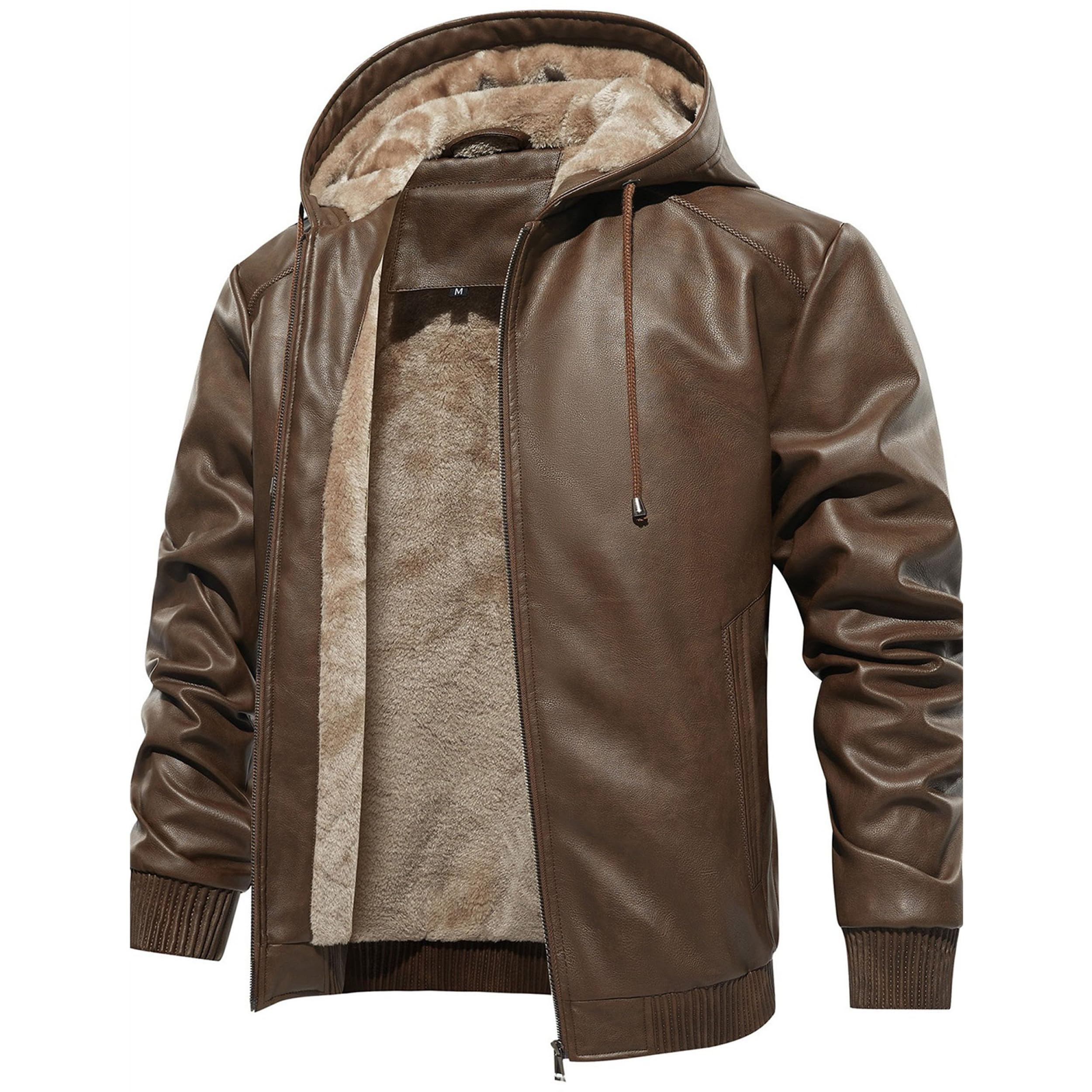 Chaqueta de motociclista de piel sintética cálida para hombre, con forro polar y capucha, abrigo invierno estilo motero, elegante abrigo para hombre
