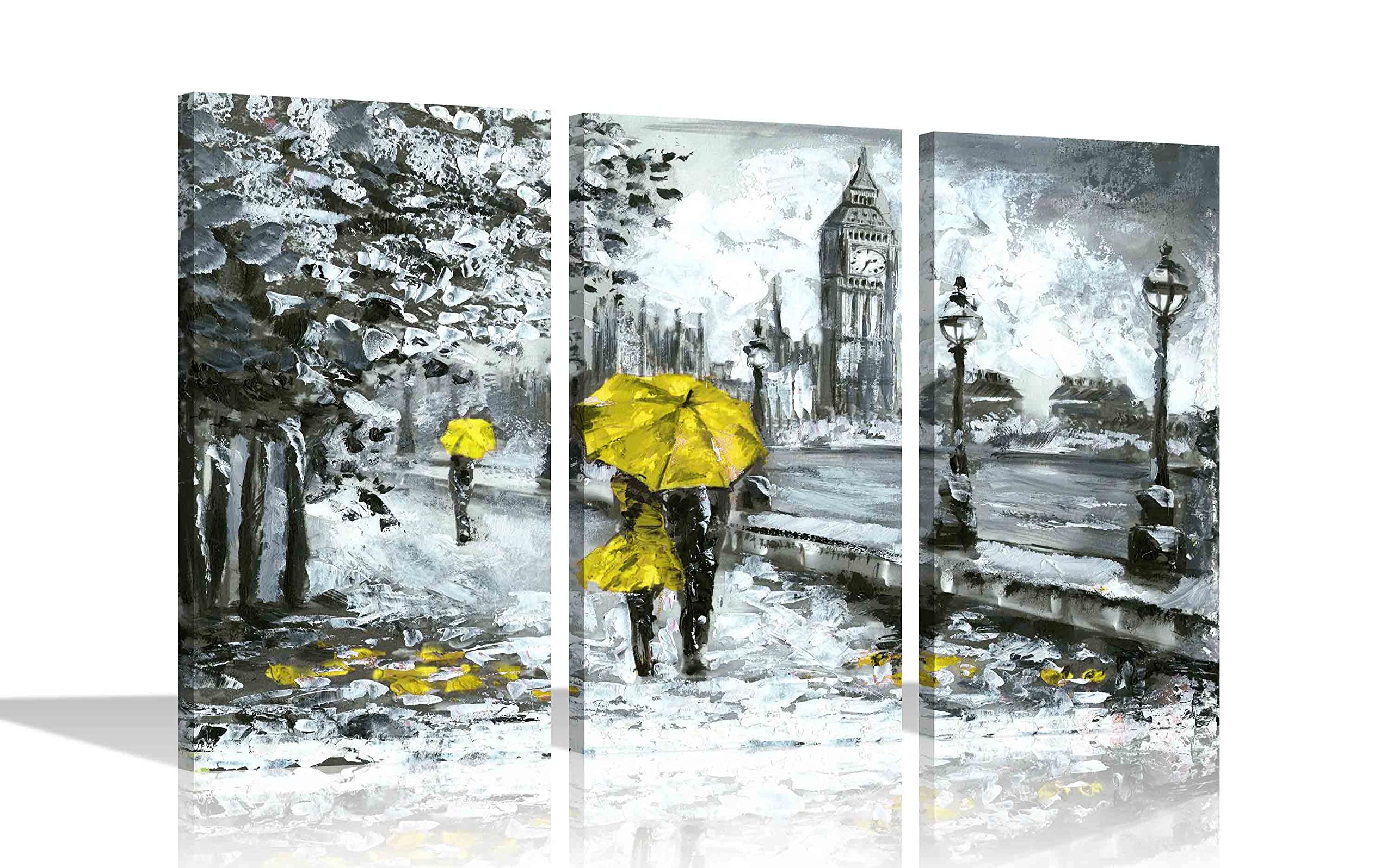 Artley Prints Yellow Couple With Umbrella In London Canvas Prints Modern Romantic Pictures For Home Office Livingroom Framed 3 Piece Artwork 61X30cm X 3 (24X12"X3)