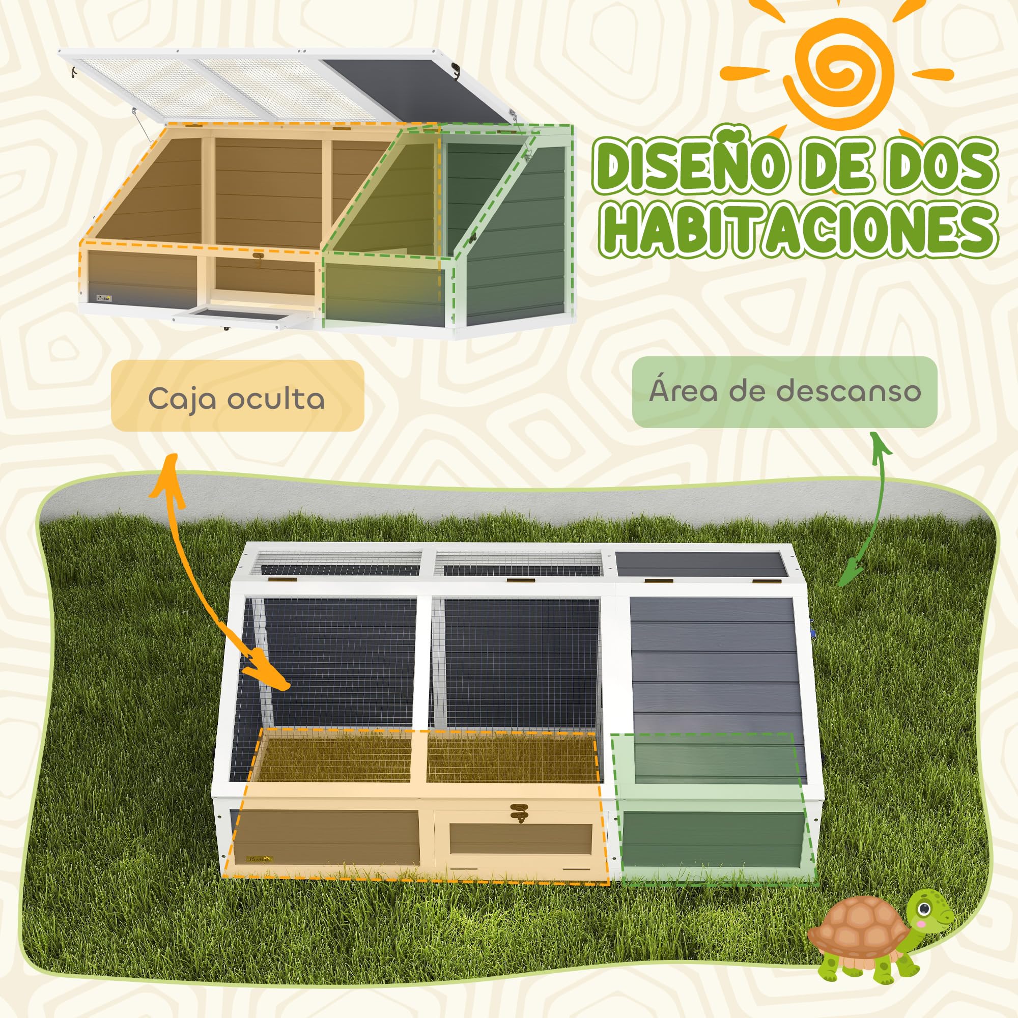 PawHut Casa para Tortugas de Madera, Terrario para Reptiles sin Base con Tapas Abatibles, Puerta Frontal Abrible y Pestillos de Seguridad, Caseta para Tortugas, 120x55x50 cm, Gris Claro