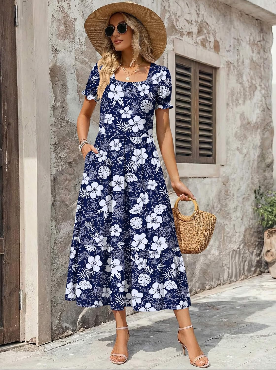Zeagoo Summer Dresses for Women Flowy Casual Midi Dress Short Sleeve Tiered Dress Beach Vacation Sundresses with Pockets - Image 4