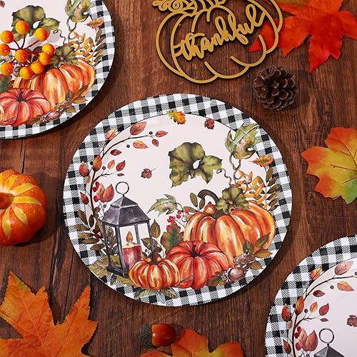 Miniatura 3 de Whaline 40 platos de papel de otoño de 9 pulgadas, platos desechables de acuarela de calabaza a cuadros para granja, Acción de Gracias, boda, fiesta