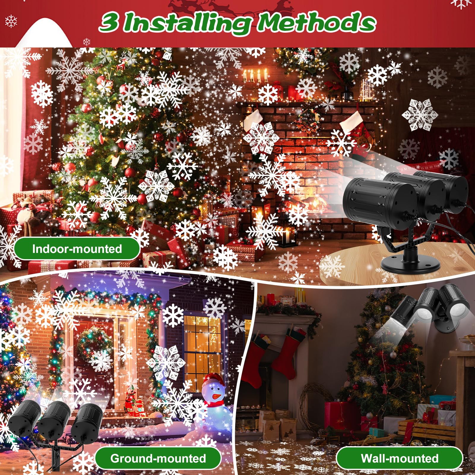 Charmofun Proiettore Natale Esterno, tre teste dinamica LED fiocchi di neve proiettore con Timer, Impermeabile Illuminazione natalizia Decorazioni esterna per giardino finestra parete (Snow)