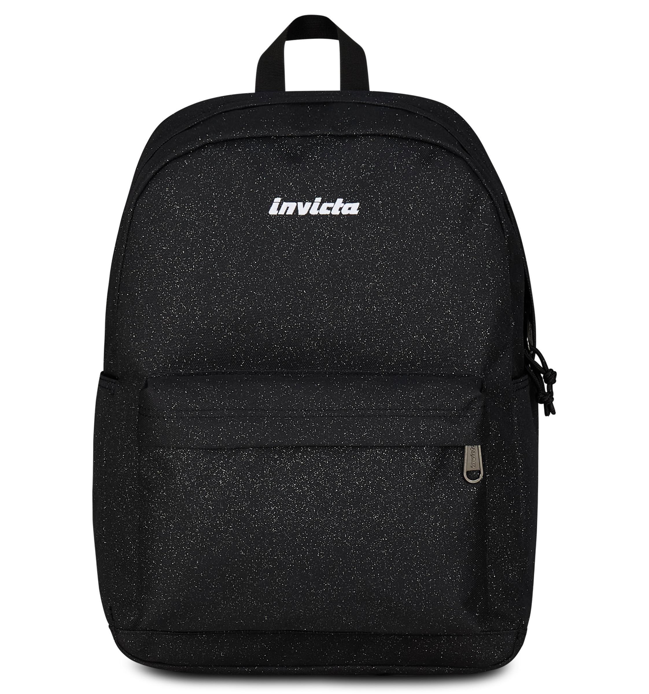 Invicta Zaino Scuola Carlson Shine, Nero, 24 L, Effetto brillantini, Monoscomparto, Tasca interna con zip, Scomparto porta pc ablet, Tasca laterale portaborraccia, Scuola media e superiore, Ragazza