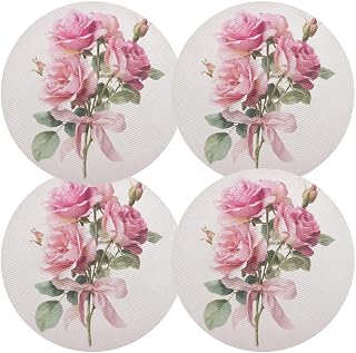 Floral Fall Rose White Round Placemats Set of 4 Place Mats Trivets Heat Resistant Hot Pads Pot Holders Anti Slip for Home Kitchen Decor Tabletop Essentials 15.4 in