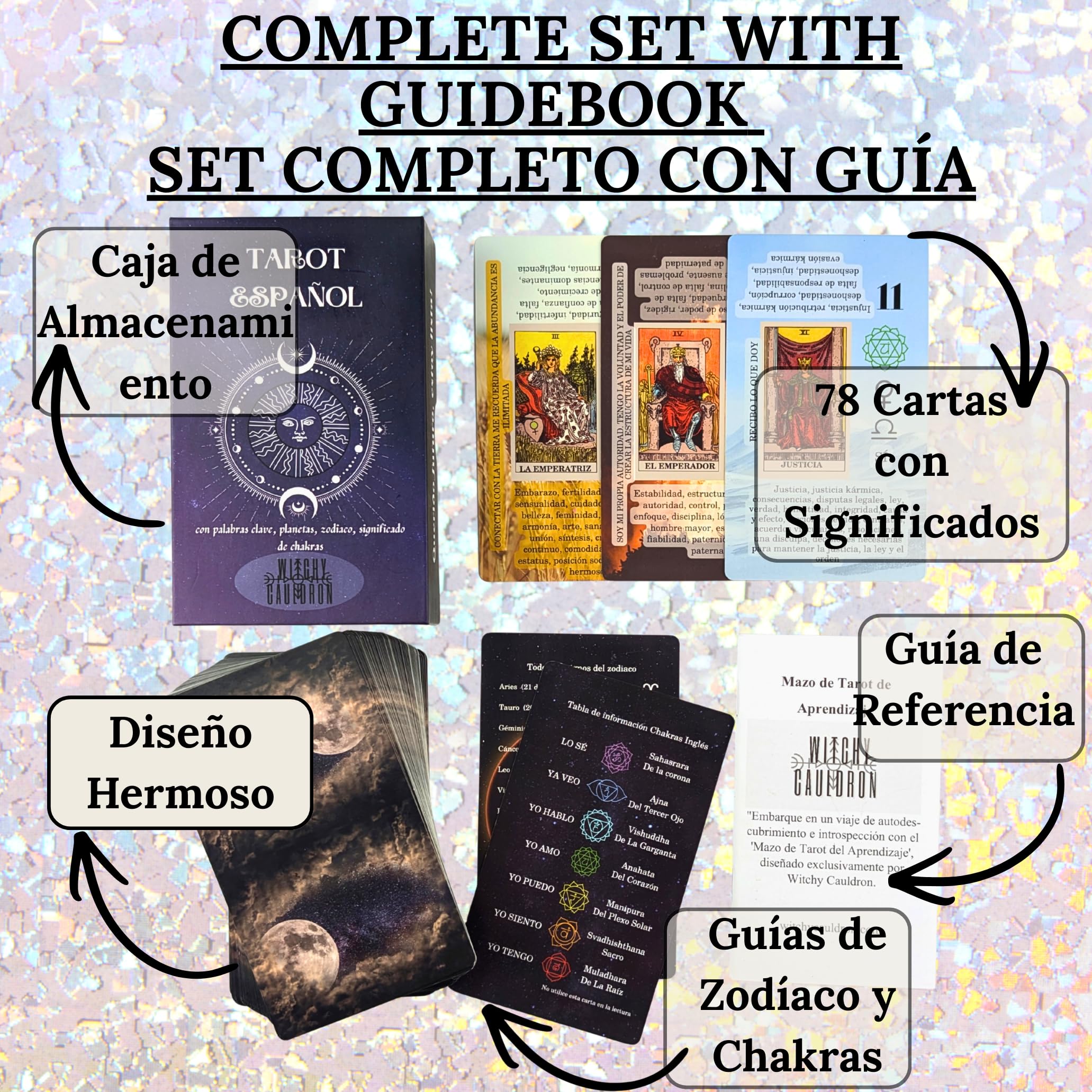 Witchy Cauldron Cartas de Tarot en Español para Principiantes, Baraja Rider Waite de 78 Cartas con Significado, Palabras Clave, Chakra, Planeta, Afirmación, Invertido, Zodíaco