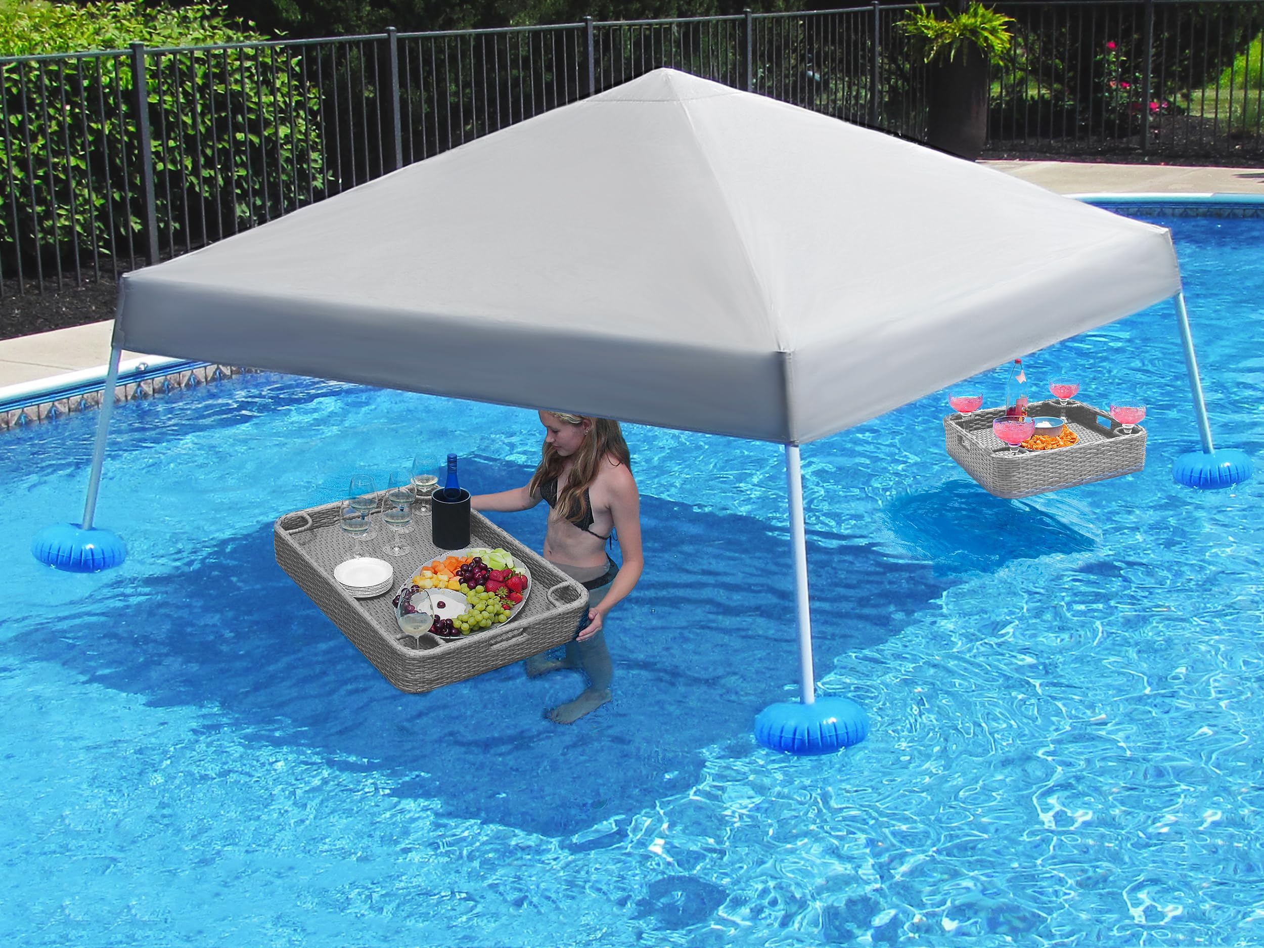 SUNJOY Floating Pool Canopy with Add-on Wicker Floating Tray 24x24 in & 36x24 in,Grey