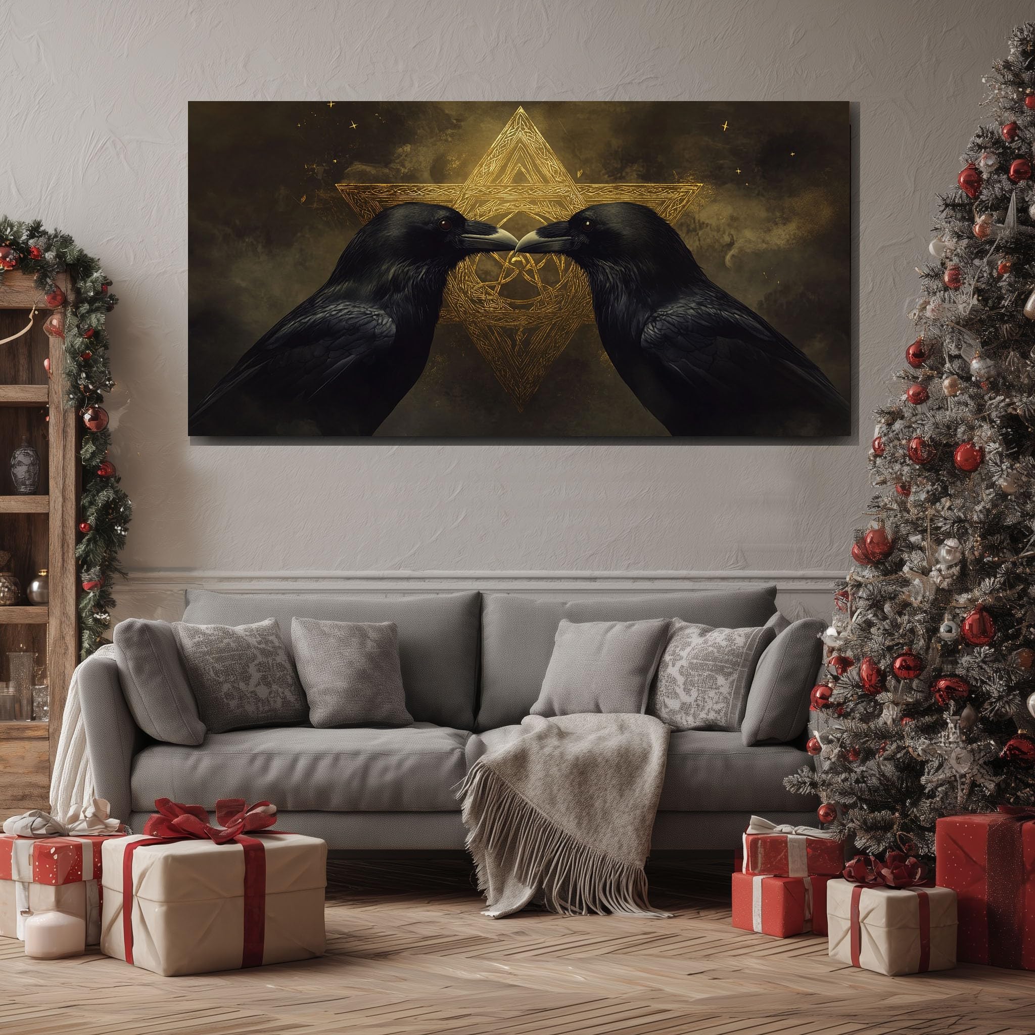 ZORYAN Gothic Raven Bird Canvas Prints Wall Art Occult Gold Pentagram Paintings for Living Room and Bedroom, Frameless Dark Mystical Crow Artwork Home Decorations 70x140cm
