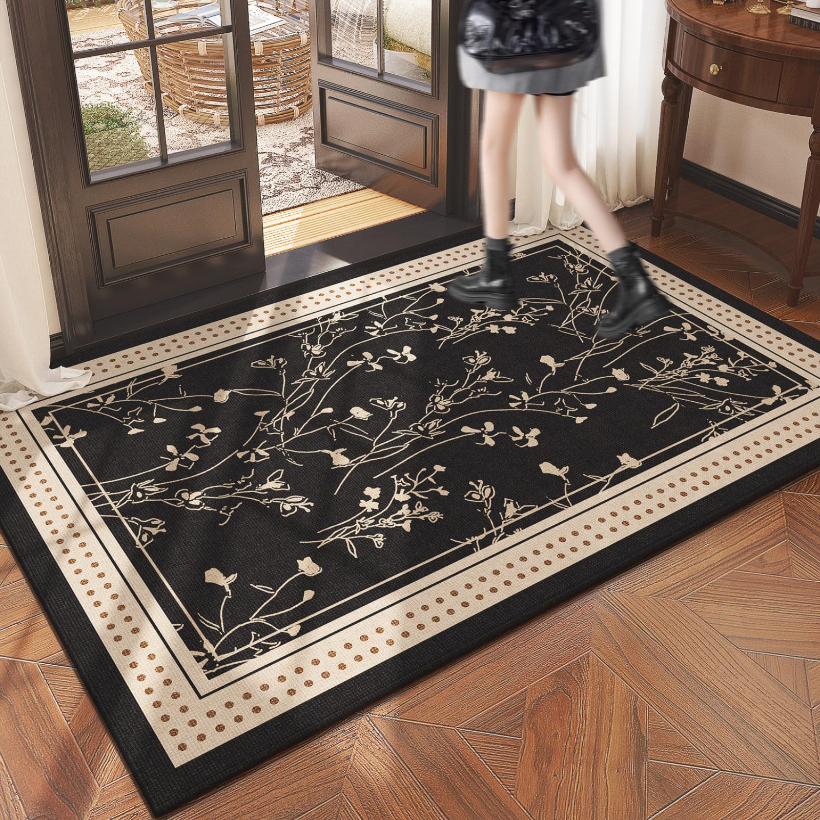 Felpudo Entrada Casa 90x150 Patrón De Rama Floral Beige Negro Felpudo Exterior Antideslizante Lavable Felpudos para Pasillo Cocina Puerta Jardín Decoración Alfombrilla para Entrada
