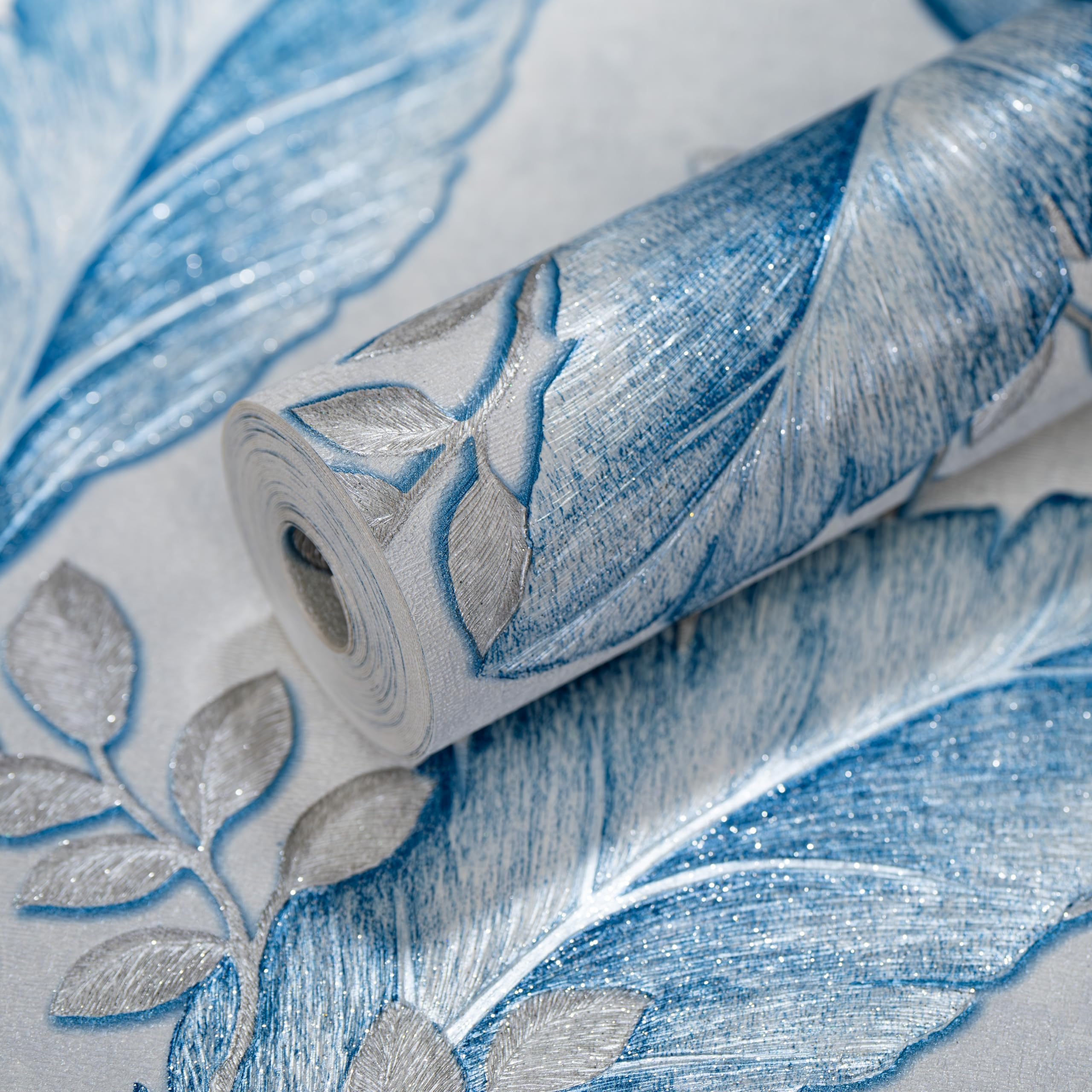 wolpin Non-Woven Wallpaper Non-Adhesive (53 x 950 CM) (Blue Leaf) | Sparkling Blue Leaf Design with Textured Silver Details | White & Blue Decorative Wall Covering (54.18 Sq Ft)
