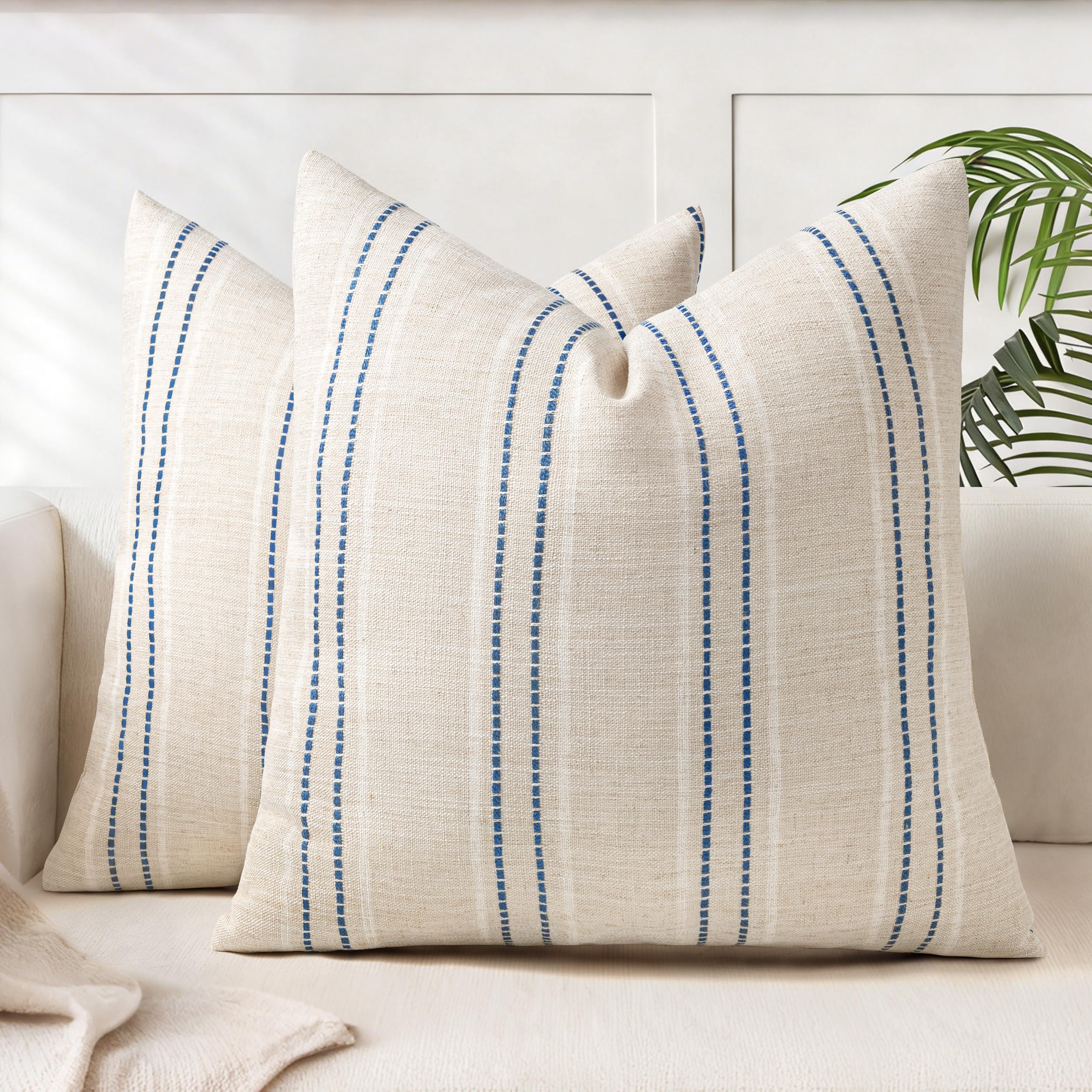 Aels Set Di 2 Federe Decorative Per Cuscini In Lino, 20 X 20 Cm, Stile BohéMien, Beige Con Cuciture Bianche E Blu Navy, Per Divano, Soggiorno (Solo Fodera)-image