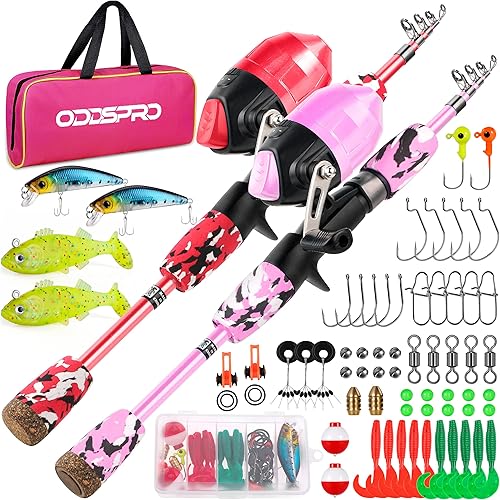 Miniatura 27 de ODDSPRO Caña de pescar para niños, color rosa, kit combinado de caña de pescar telescópica portátil y carrete - con caja de aparejos de pesca