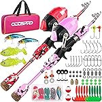 ODDSPRO Kids Fishing Pole - Kids Fishing Starter Kit - with Tackle Box, Reel, Practice Plug, Beginner\'s Guide and Travel Bag for Boys, Girls (2 Pack (Light Pink+Red), 1.5M 4.92Ft)