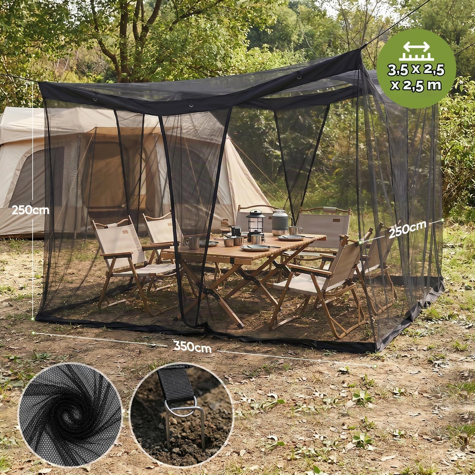 Sekey XXL Moskitonetz mit 16 Sandsäcke und Bodenanker, 4 Eingänge Feinmaschig Mückenschutz, Tragbares Campingzelt 350 × 250 × 250 cm, Outdoor Fliegennetz für Reise Pavillon Garten Terrasse, Schwarz