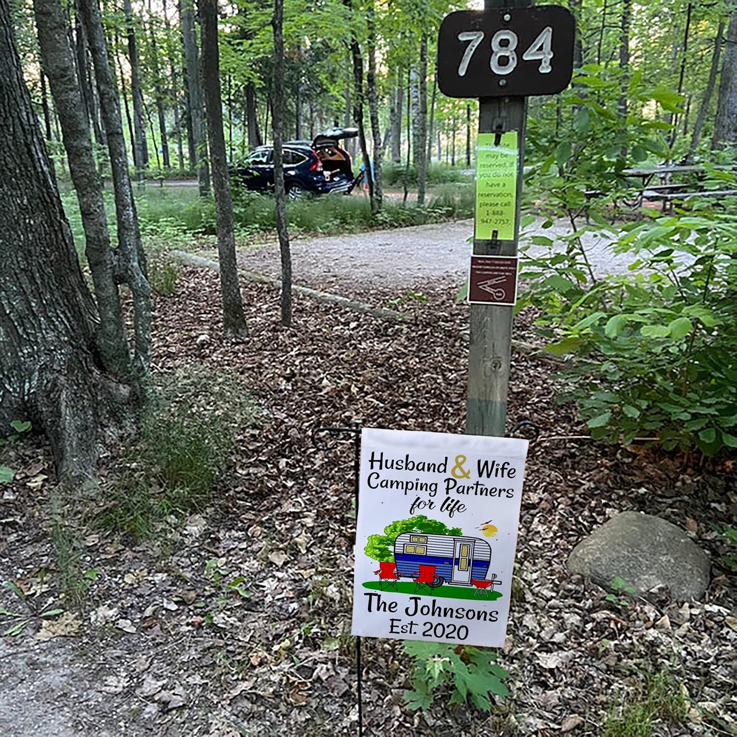 Personalized Camping Flag, Features Blue Vintage Travel Trailer, Husband & Wife Camping Partners for Life, and 2 Lines of Your Custom Text, Printed On White Fabric