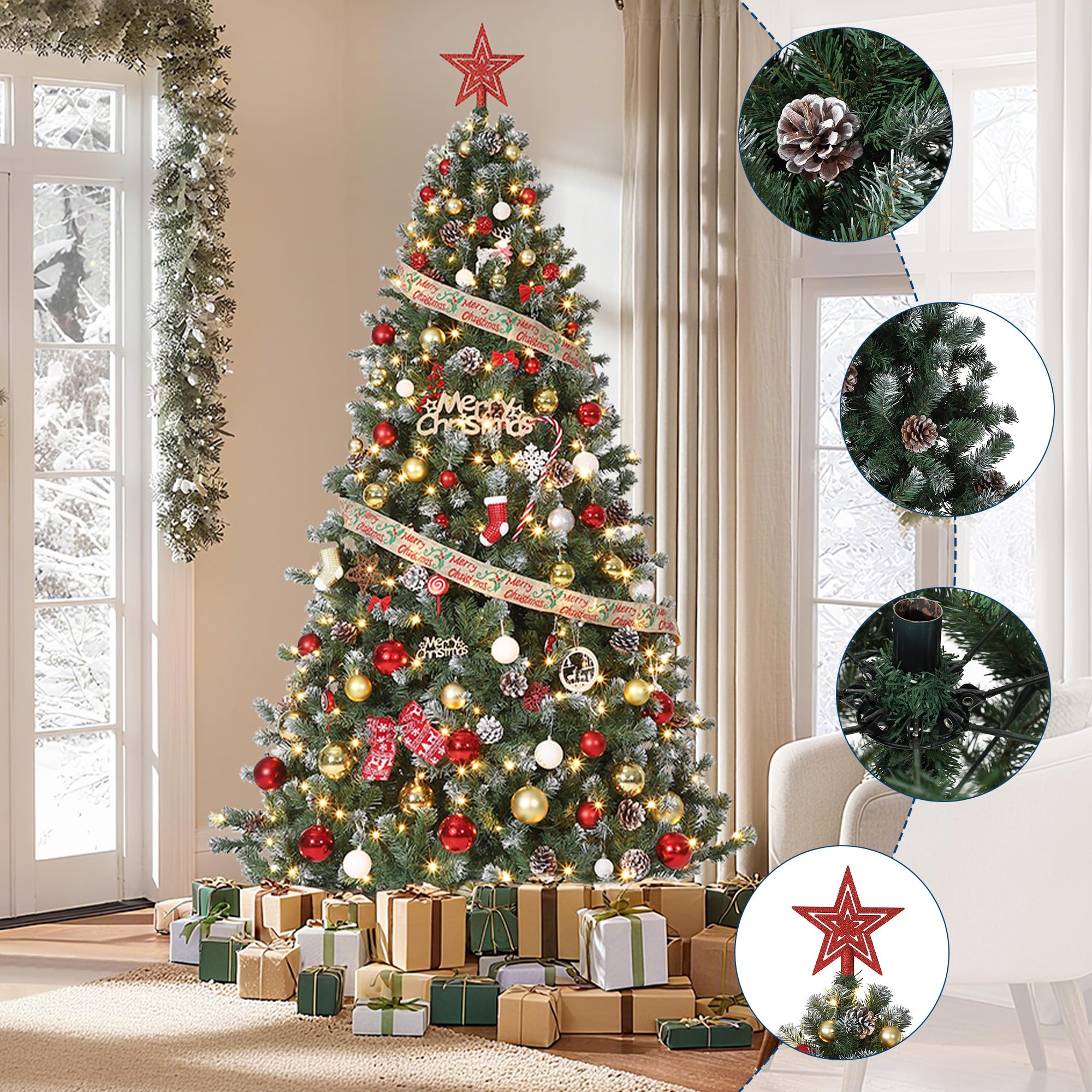 Künstlicher Weihnachtsbaum Mit Schnee-Effekt & LED-Beleuchtung 180 cm Weihnachtsbaum Mit Warmweißen Lichtern, Naturgetreuen Tannenzapfen, Einfach Montierbar Für Wohnzimmer Und Festliche Dekoration