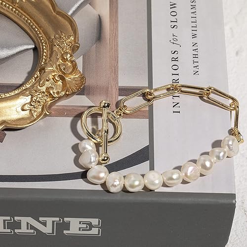 Miniatura 5 de Cowlyn Pulsera de perlas con clip de papel, cadena de eslabones de cultura barroca chapada en oro de 14 quilates, delicada pulsera hecha a mano,