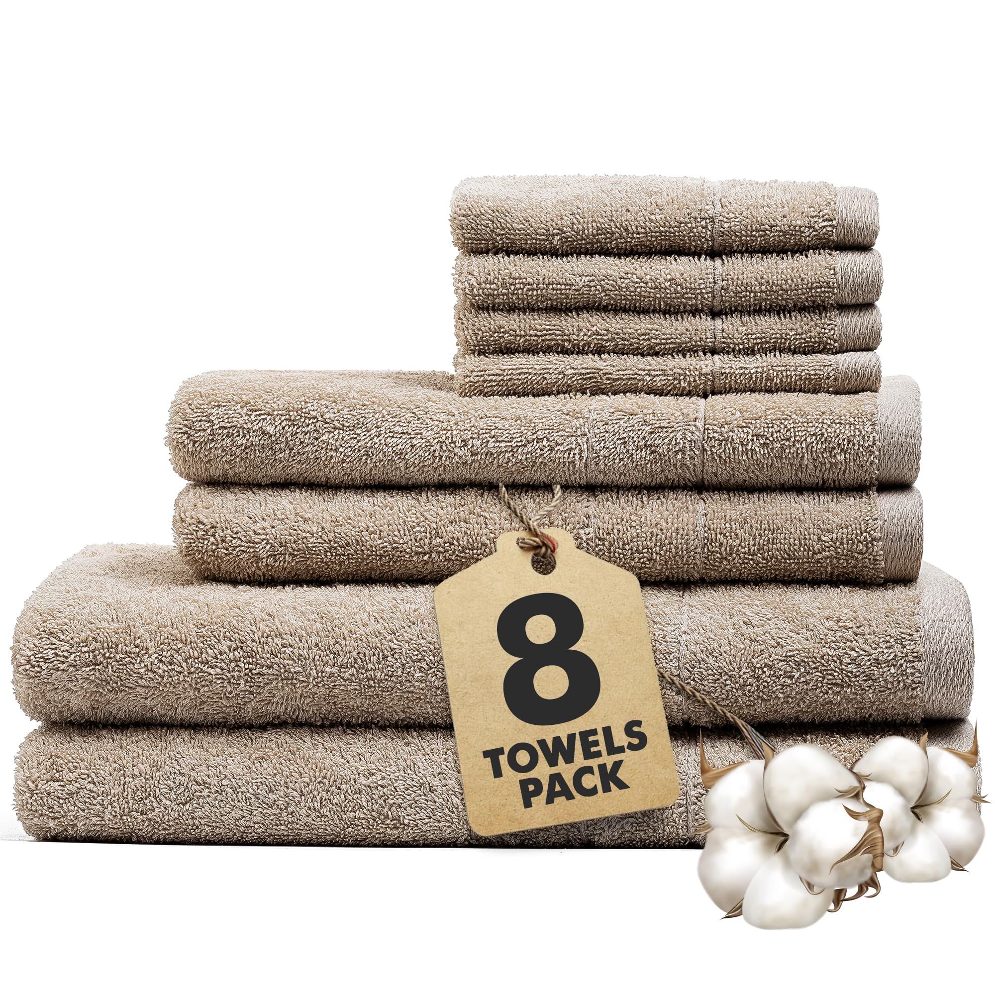 Novo Home Beige Bath Towels Set Of 8 – 550 Gsm 100% Cotton Towel Set Bale Includes 2 Bath, 2 Hand, 4 Face Towels – Soft, Absorbent & Quick Dry Towel For Bathroom, Spa, Kitchen, Hotel Use