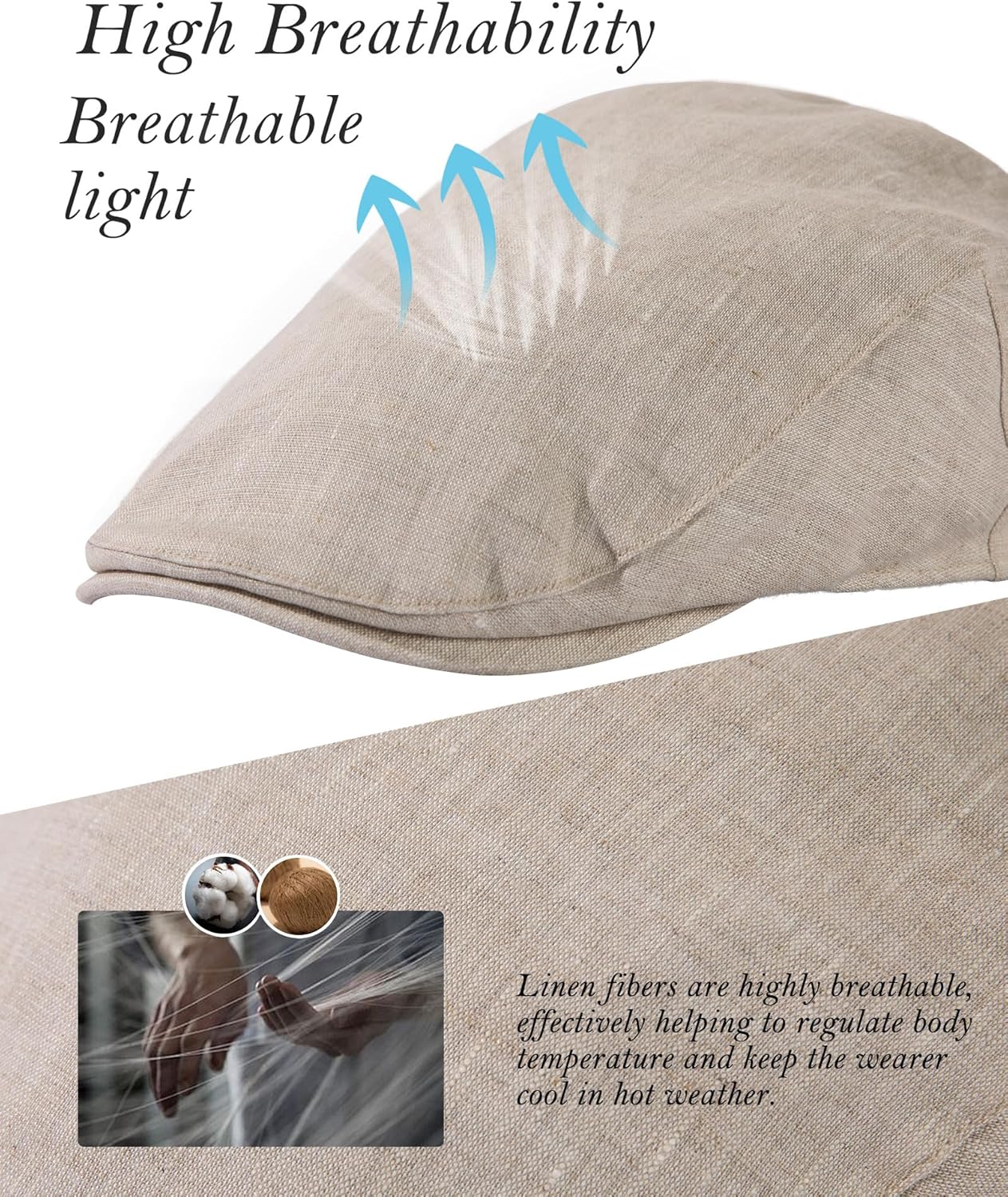 TOP-EX XL/XXL Mens 100% Linen Flat Cap with Cotton Lining Summer Cooling Newsboy Hats