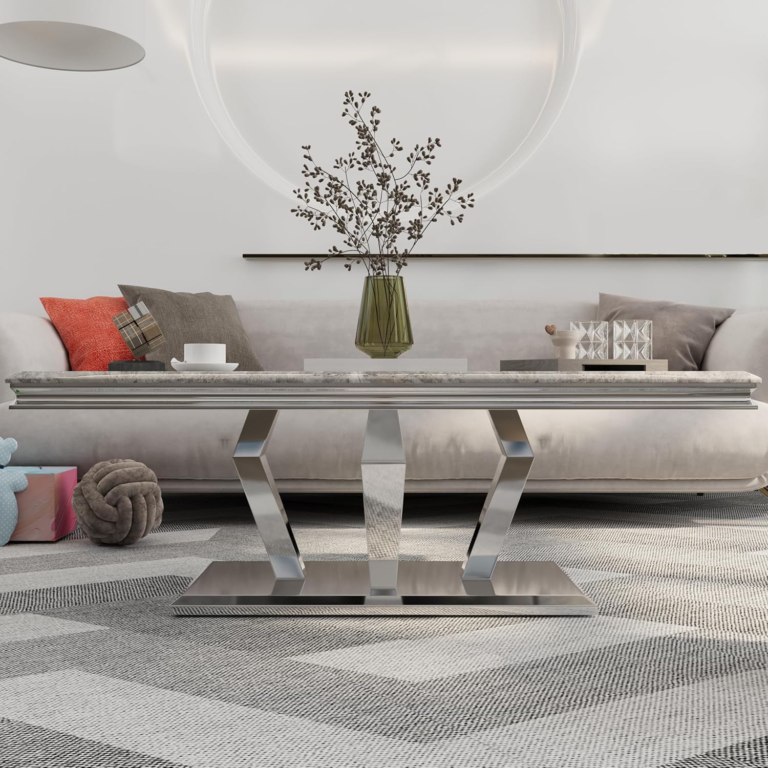 ACEDÉCOR Coffee Table, Silver Coffee Table with Four Geometric Mirror Bases, Rectangular CoffeeTable with Sturdy Metal Frame,48 inches Modern Coffee Table for Living Room, Office, Reception Room