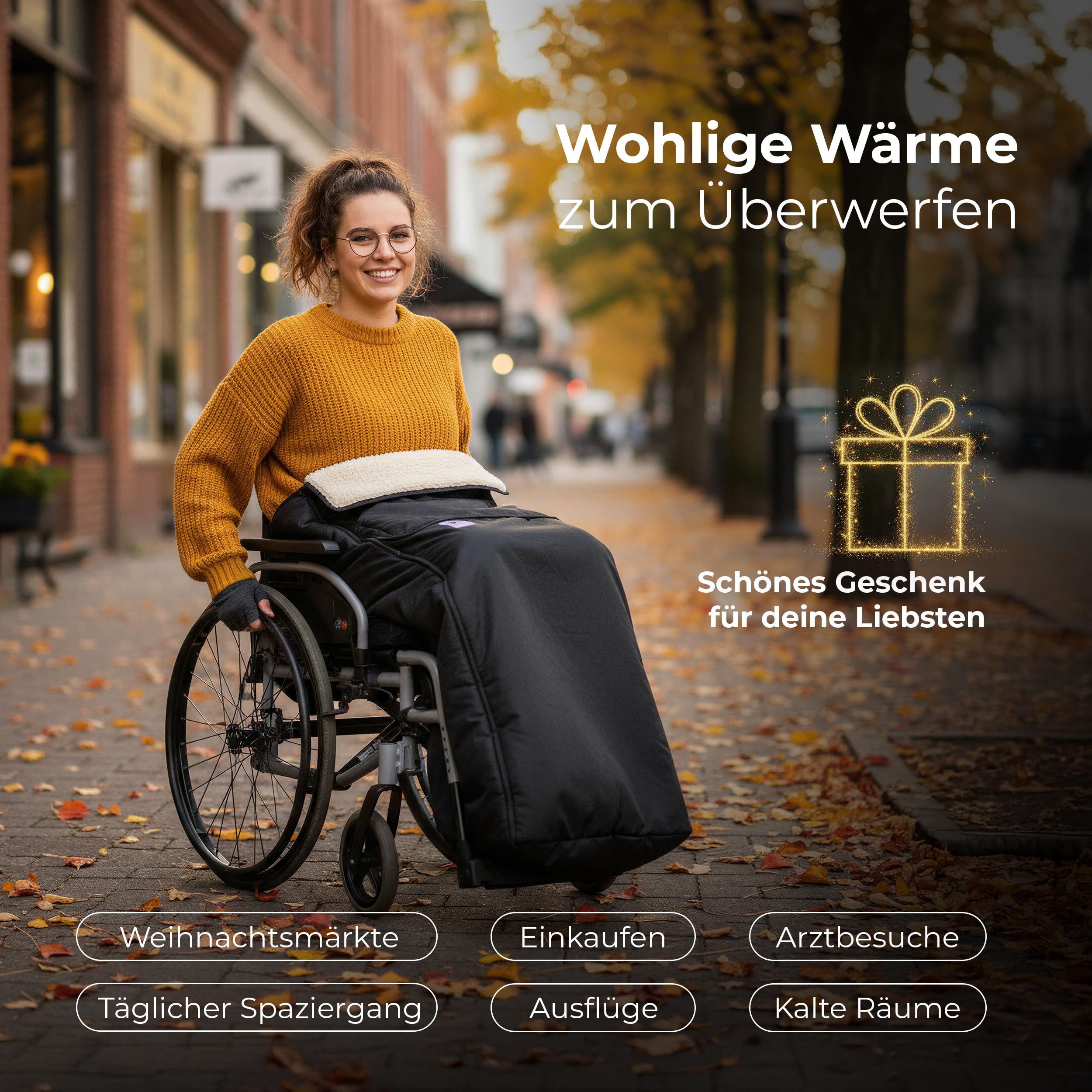 NOVALIV Worek na wózek inwalidzki z żywej wełny, rozmiar 1 – śpiwór na wózek inwalidzki zimowy ze 100% żywej wełny – wodoodporny śpiwór, obwód ok. 146 cm, długość 150 cm, ciepły śpiwór na nogi dla