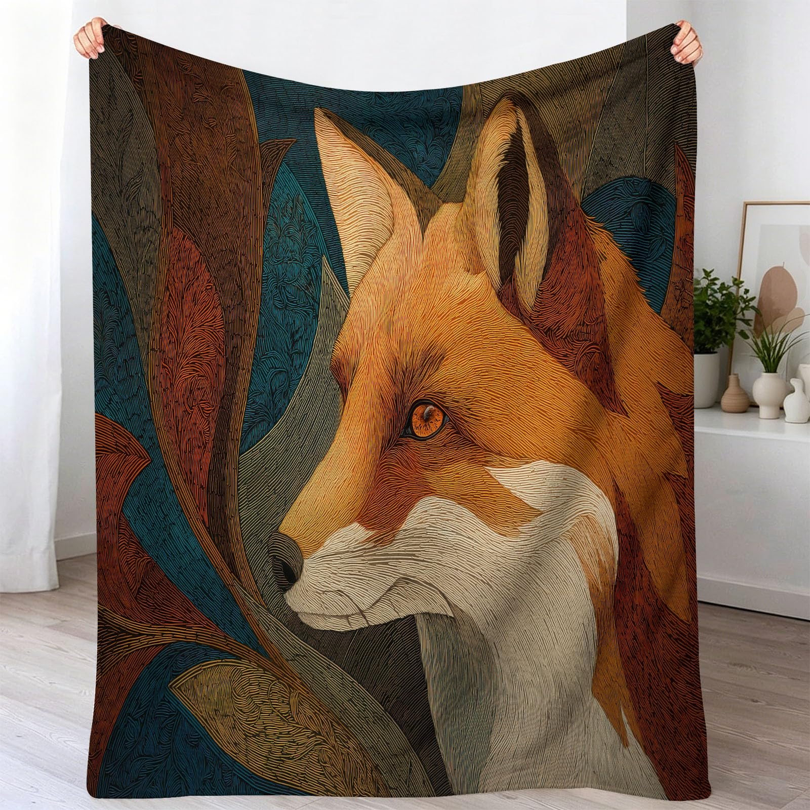 Przytulny koc do wtulania się, 180 x 220 cm, abstrakcyjna ilustracja, koc flanelowy, odpowiedni dla chłopców i dziewczynek, miękki, nadaje się do prania, vintage, wzór liści, lis, koc do mieszkania