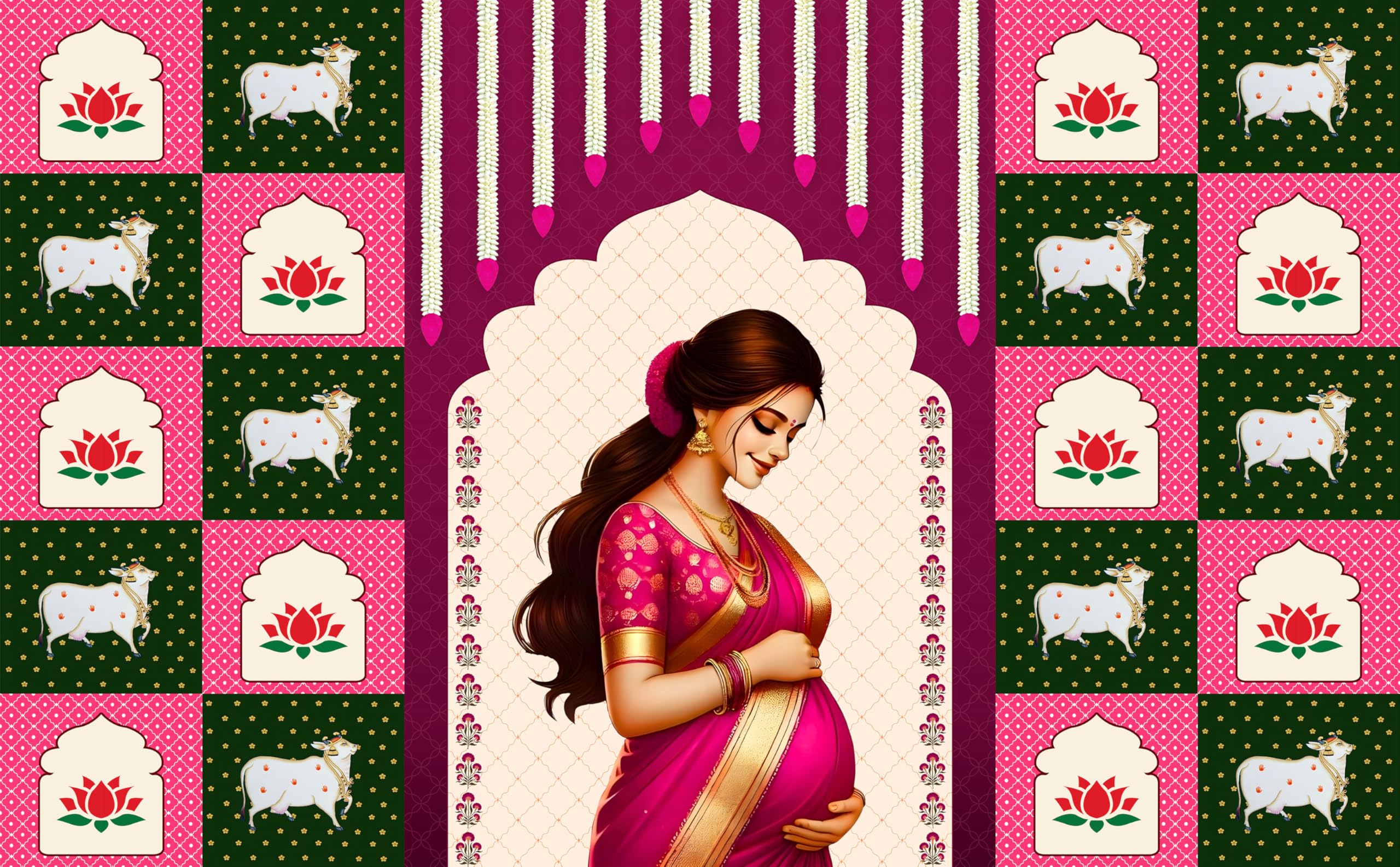 Baby Shower (Godh Bharai) Backdrop with Pink & Hanging Floral Background Curtain(Size: Hight 5 Feet & Width 8 Feet) Washable fabrik