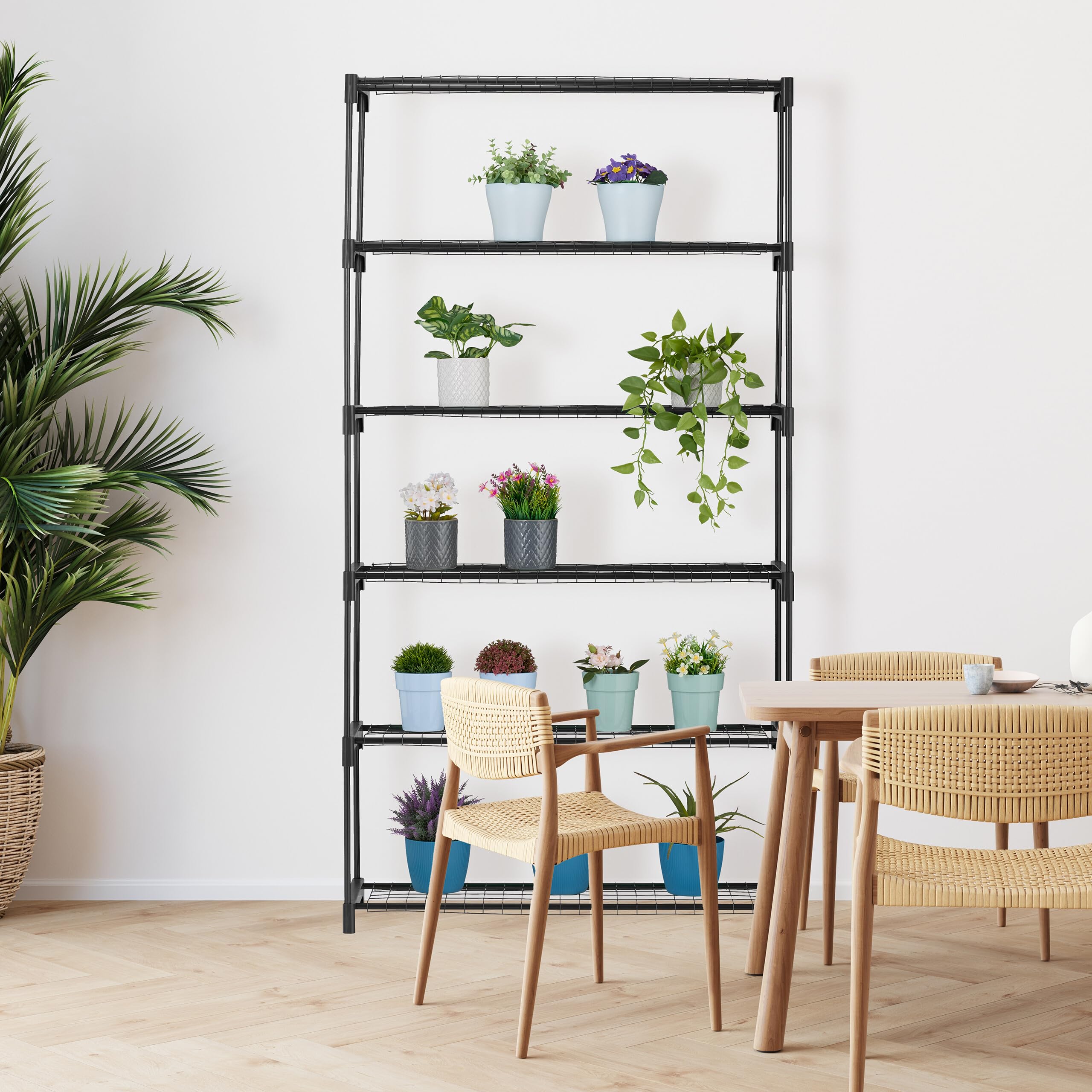 Relaxdays Scaffale Porta Piante a 6 ripiani, Portapiante in Vaso, Fiori e Erbe, Mobile in Acciaio, 174x91x28 cm, Nero