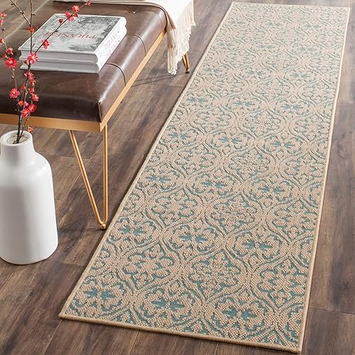 SAFAVIEH Palm Beach Collection - Alfombra de pasillo, 2 x 8 pies, natural y turquesa, yute hecho a mano, ideal para zonas de alto tráfico en sala de
