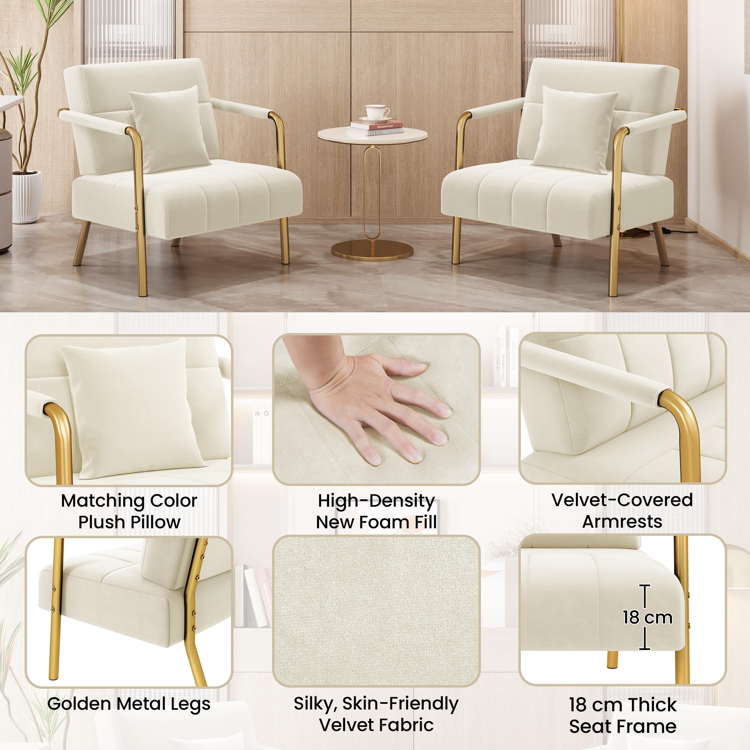 Abician Fauteuil de Salon en Velours Chaise d'appoint Relaxation avec Coussin Carré Fauteuil de Relax Cadre en Métal Doré pour Chambre à Coucher Salle d'attente Bureau Beige