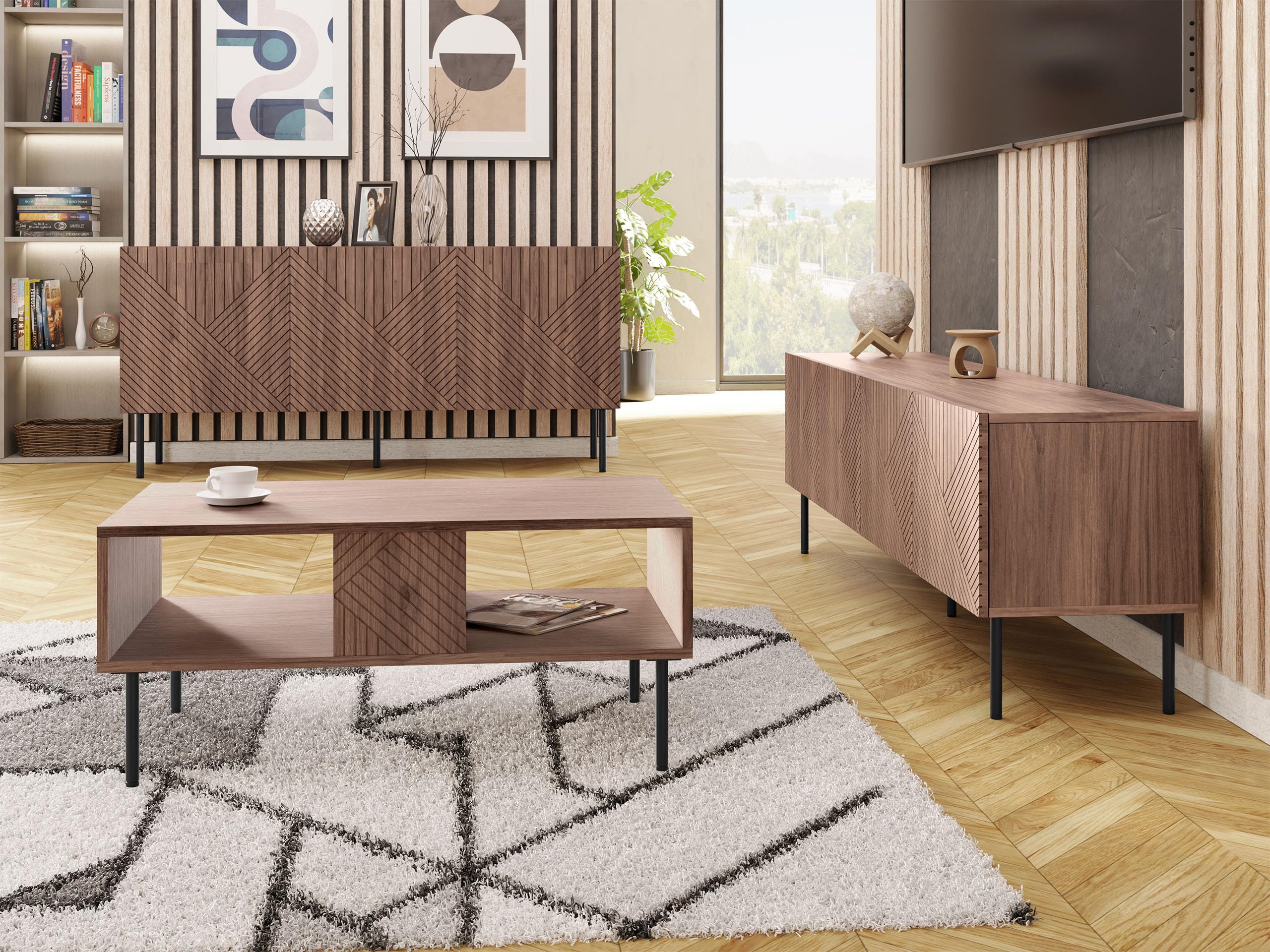 Mirjan24 Wohnzimmer-Set Aropo I, Wohnzimmerschrank, gefräster Front, Griffloses Öffnungssystem, Kommode mit 3 Türen, 6 Fächer, TV-Lowboard mit 4 Türen und 4 Fächer, Couchtisch (Nuss Warmia)