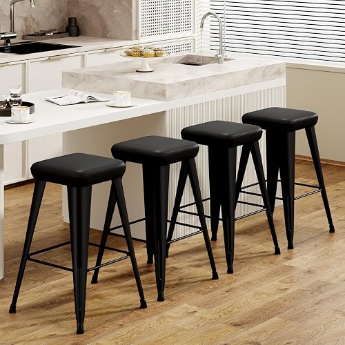 Aklaus PU Leather Metal Bar Stools 24 inch Faux Leather Counter Height Barstools Set of 4 Modern Farmhouse Bar Chairs Faux Leather Seat for Kitchen Island Dining Room Matte Black