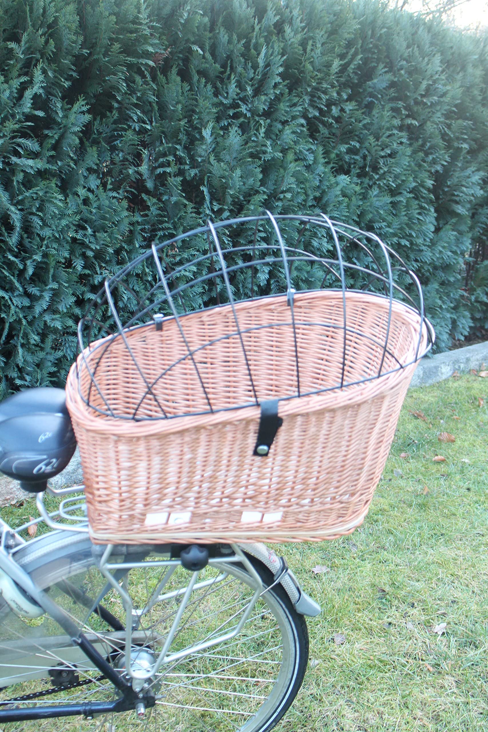 Panier de vélo pour chien - En osier - Avec grille métallique - Naturel - XL ou XXL - Panier de porte-bagages (XXL sans coussin)