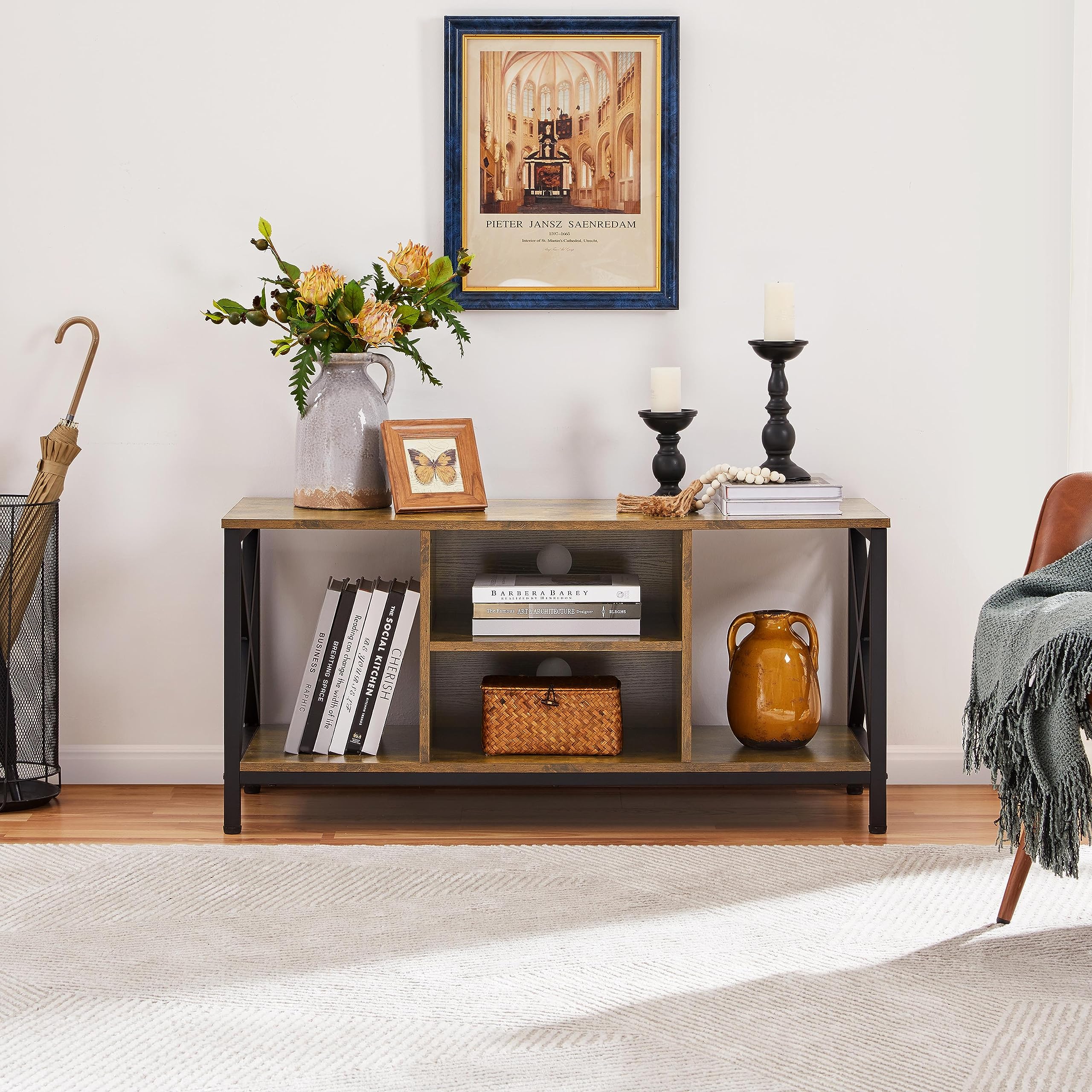 Yaheetech Fernsehschrank mit 4 offenen Lagerregale Stabiler TV-Schrank TV-Board X-förmige Stütze TV-Bank TV-Regal Unterschrank Couchtisch für Wohnzimmer, 106 × 40 × 50,5 cm Rostbraun