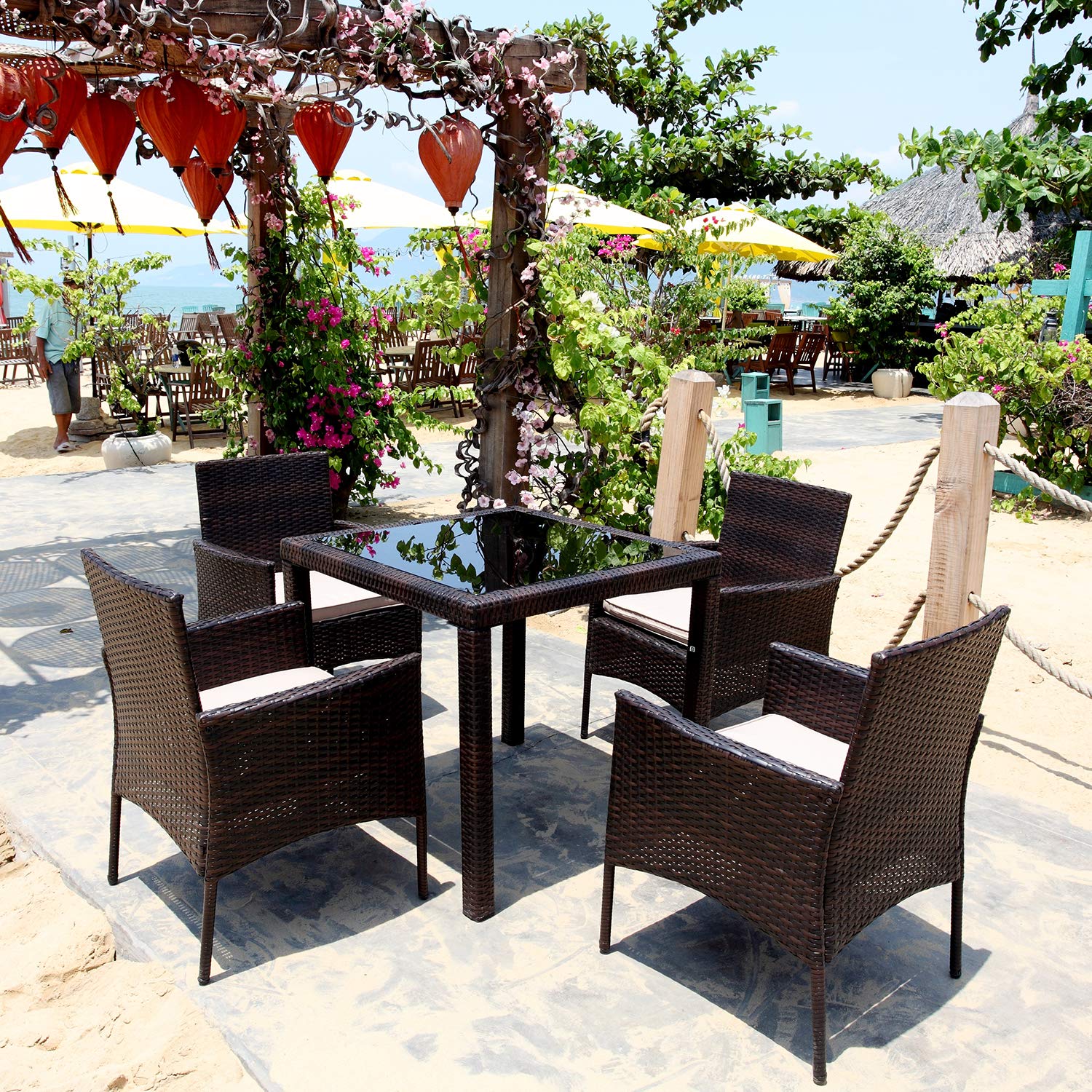 M&W 5 Piece Outdoor Dining Set, PE Wicker Rattan Patio Furniture, 4 Cushioned Chairs and 1 Square Table with Tempered Glass Top for Garden, Backyard, Porch, Balcony, Lawn, Poolside