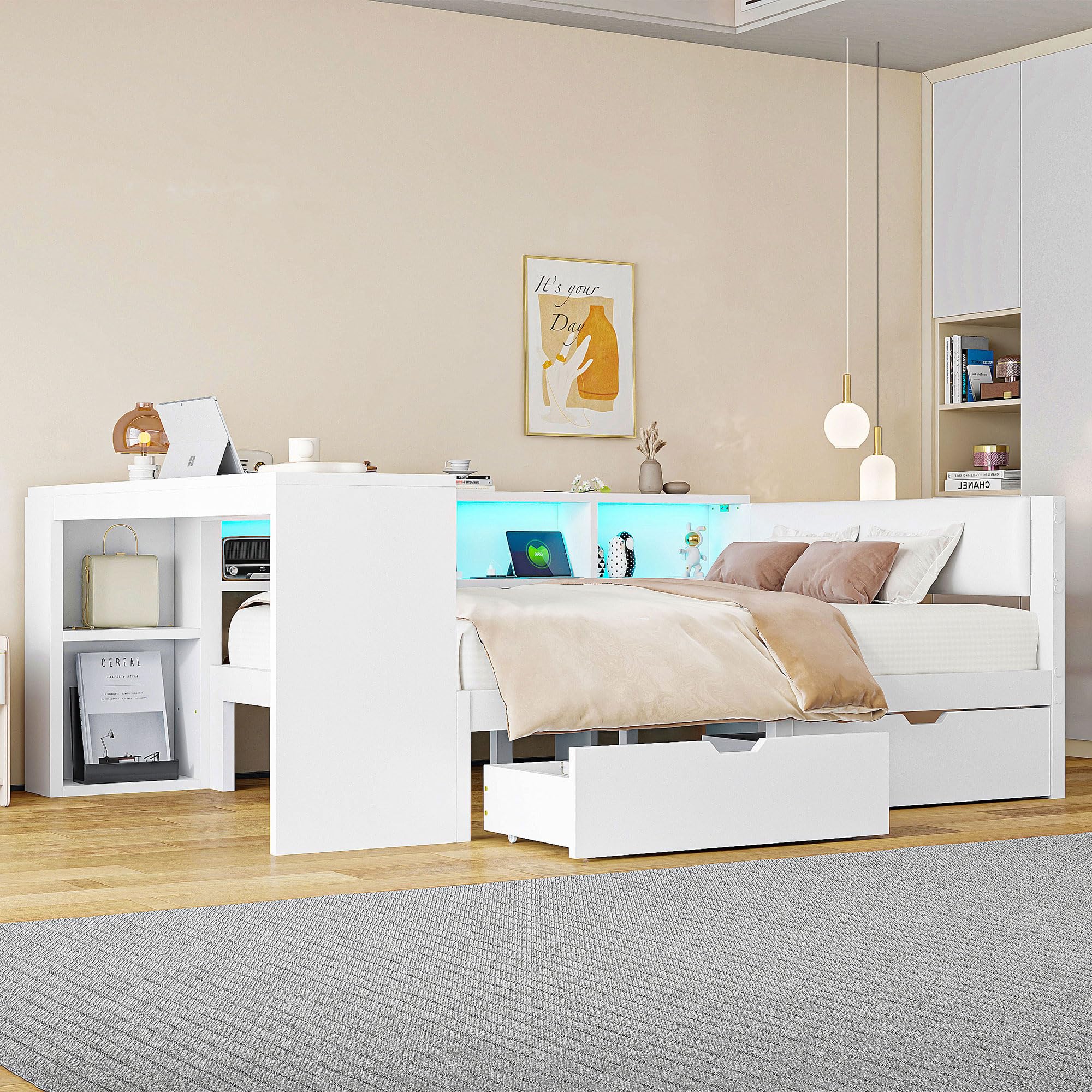 Tagesbett Doppelbett 140x200 cm mit LED Licht und USB, Schlafsofa Jugendbett Bett mit Stauraum und Schubladen, Holzbett Bettgestell mit Lattenrost und Schreibtisch, Weiß, Ohne Matratze