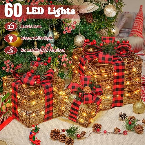 Miniatura 5 de LAWOHO Un juego de tres cajas de regalo de iluminación de Navidad de 12.2 pulgadas, cajas de regalo de ratán de imitación marrón con lazo,