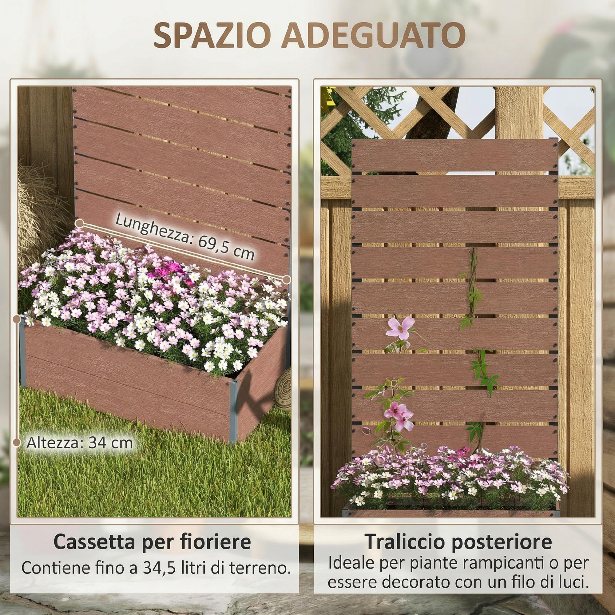 Outsunny Fioriera da Esterno con Spalliera a Doghe, Aiuola Rialzata per Piante Rampicanti con Grigliato, 72x38x150 cm, Marrone Chiaro