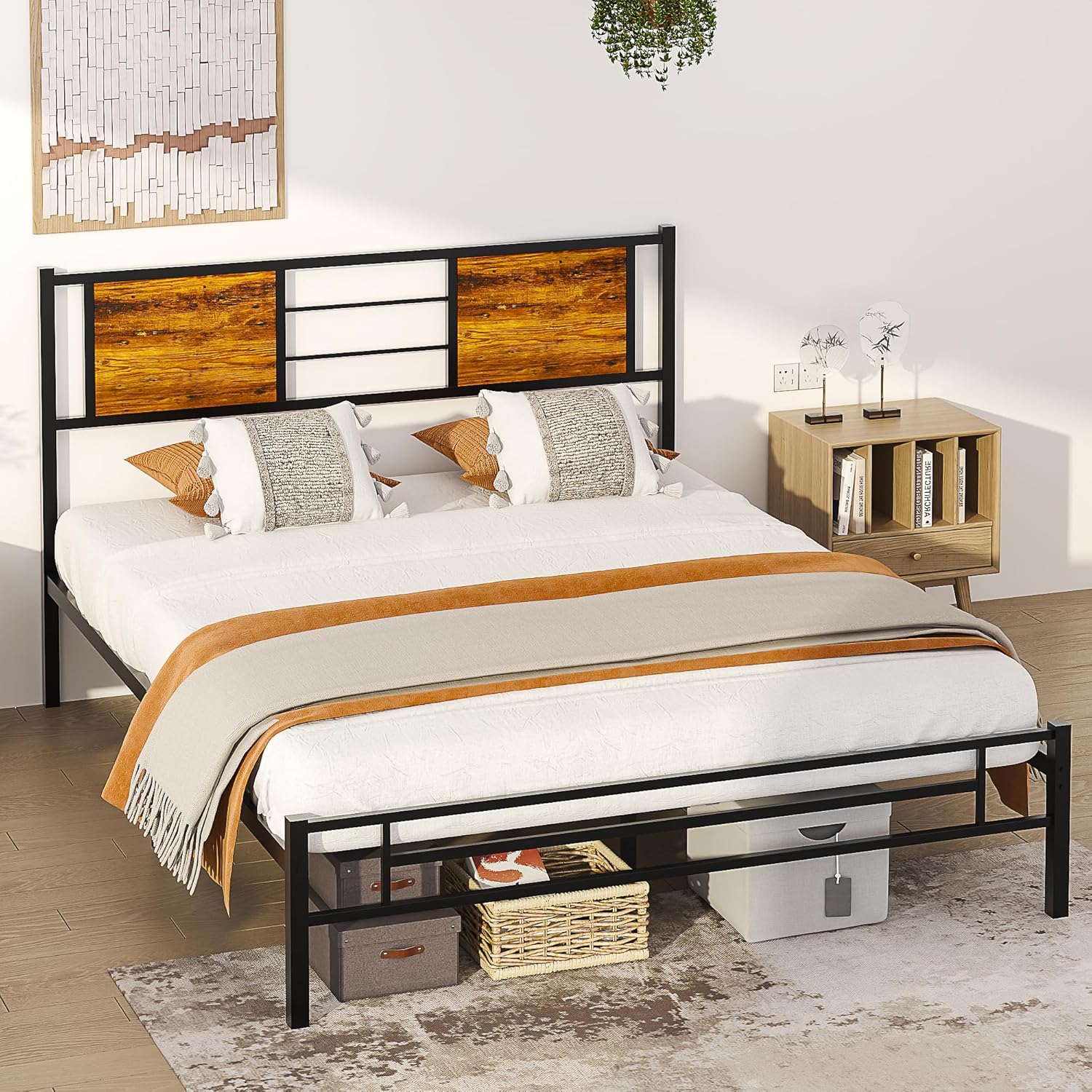 (Incomplete)VECELO Metal Platform Queen Bed Frame with Wooden Headboard,Sturdy Steel Slats Support/Matress Foudation/No Box Spring Needed(Farmhouse) Brown Queen Farmhouse