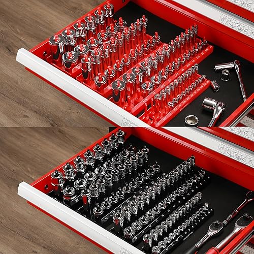 Miniatura 6 de EMENTOL Juego de 8 bandejas organizadoras métricas y SAE, color negro y rojo, 14 pulgadas, 38 pulgadas, 12 pulgadas, almacena 176 enchufes poco