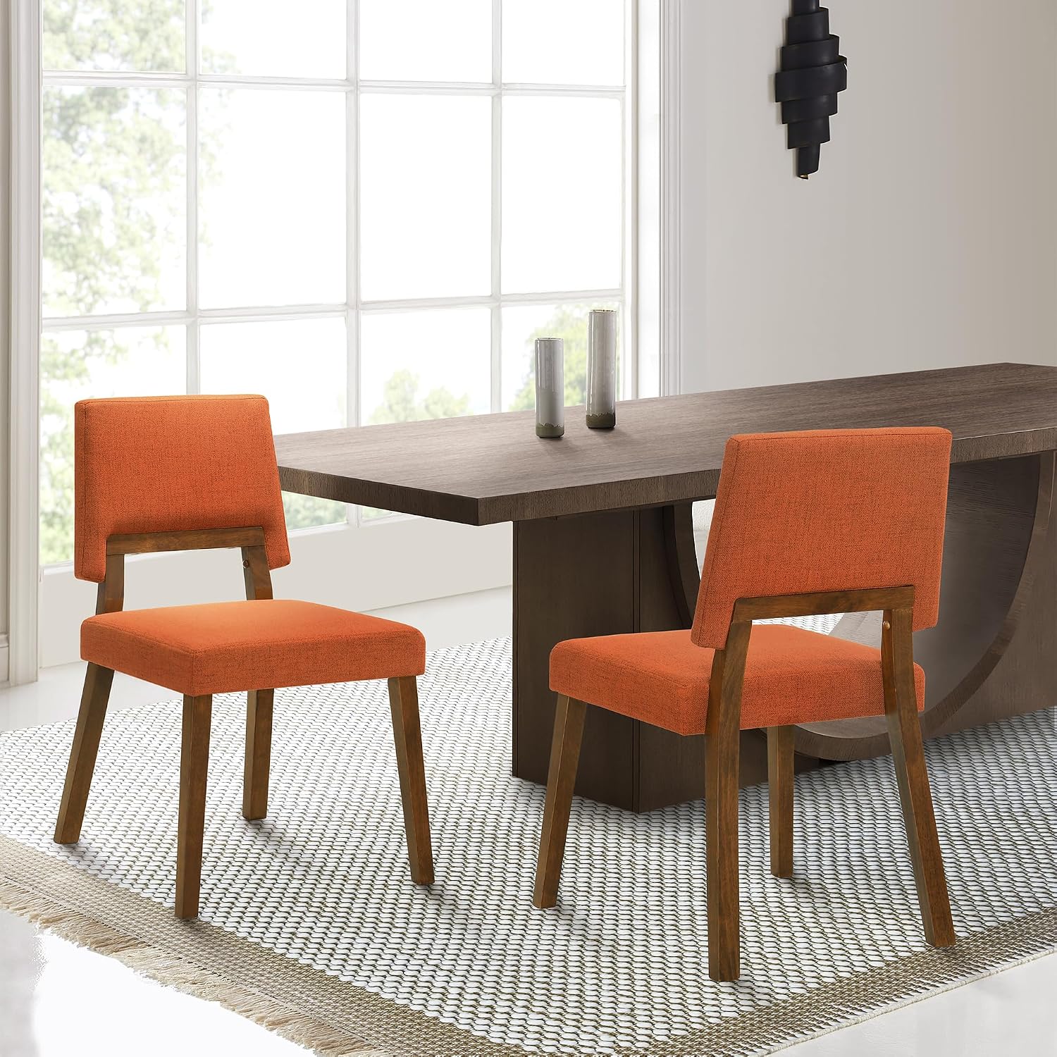 Armen Living Channell Wood Dining Chair in Walnut Finish with Orange Fabric - Set of 2