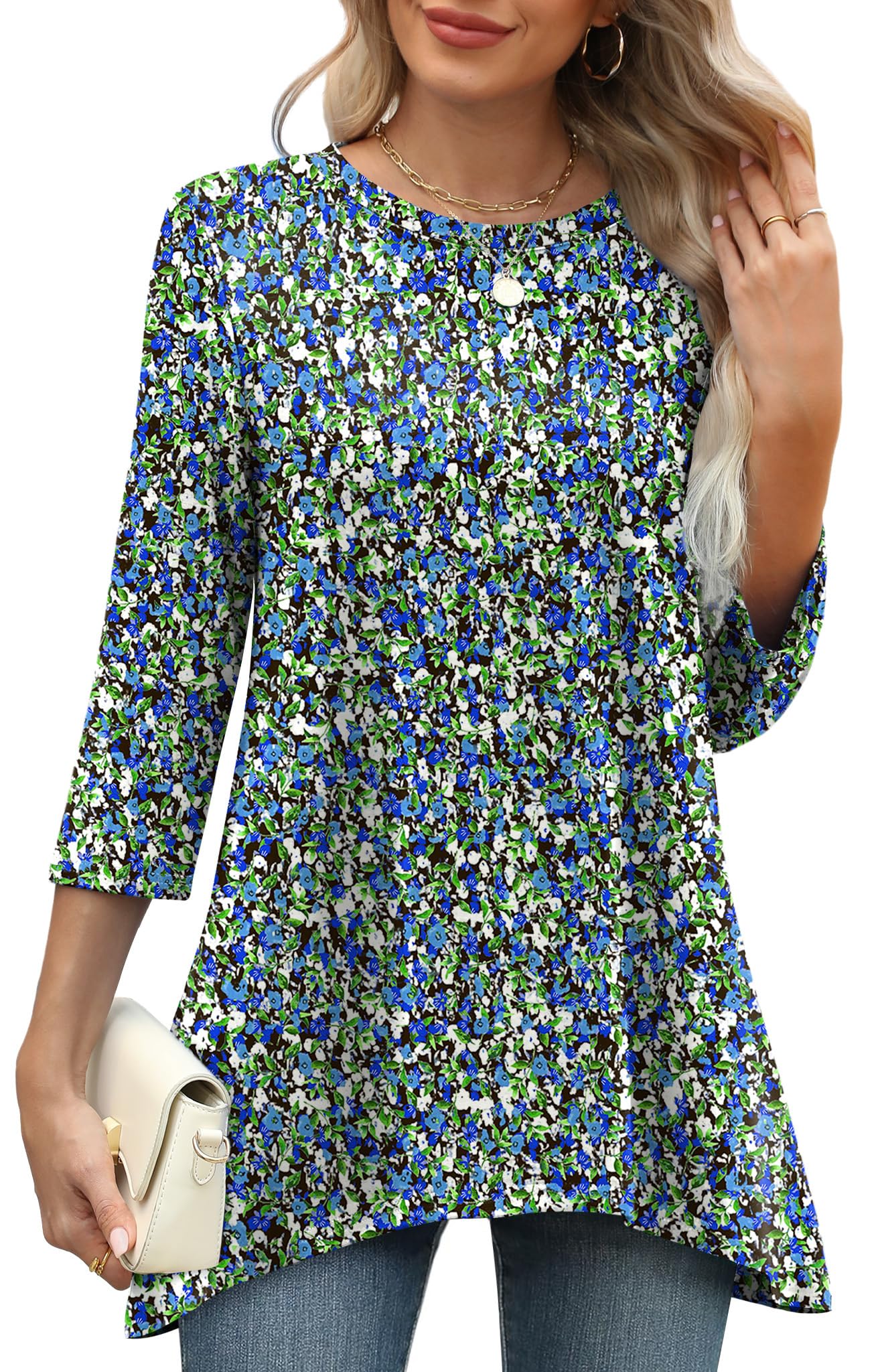OFEEFAN Tunic Tops for Women Loose Fit Dressy 3/4 Length Sleeve Womens Tops with Asymmetrical Hem S-4XL