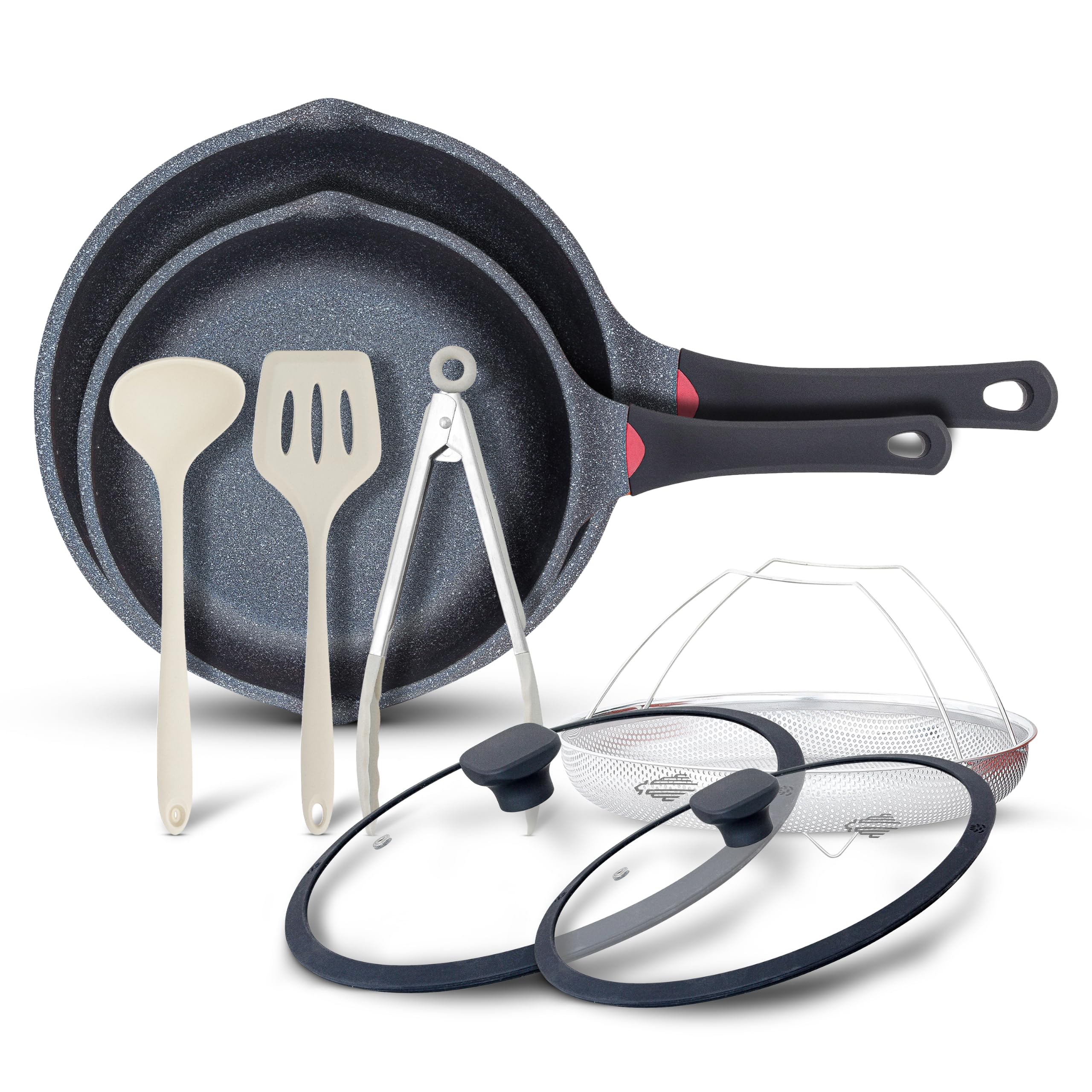 10-Teiliges Antihaft-Kochgeschirr-Set – Tiefe Bratpfannen-Sets mit GREBLON® Keramikbeschichtung, Induktionsgeeignet, Kratzfestes Aluminium, Küchenutensilien (schwarz, 28/24 CM) | GREBLON-Keramikbeschichtung, induktionskochfeldsicher, leicht zu reinigen, l
