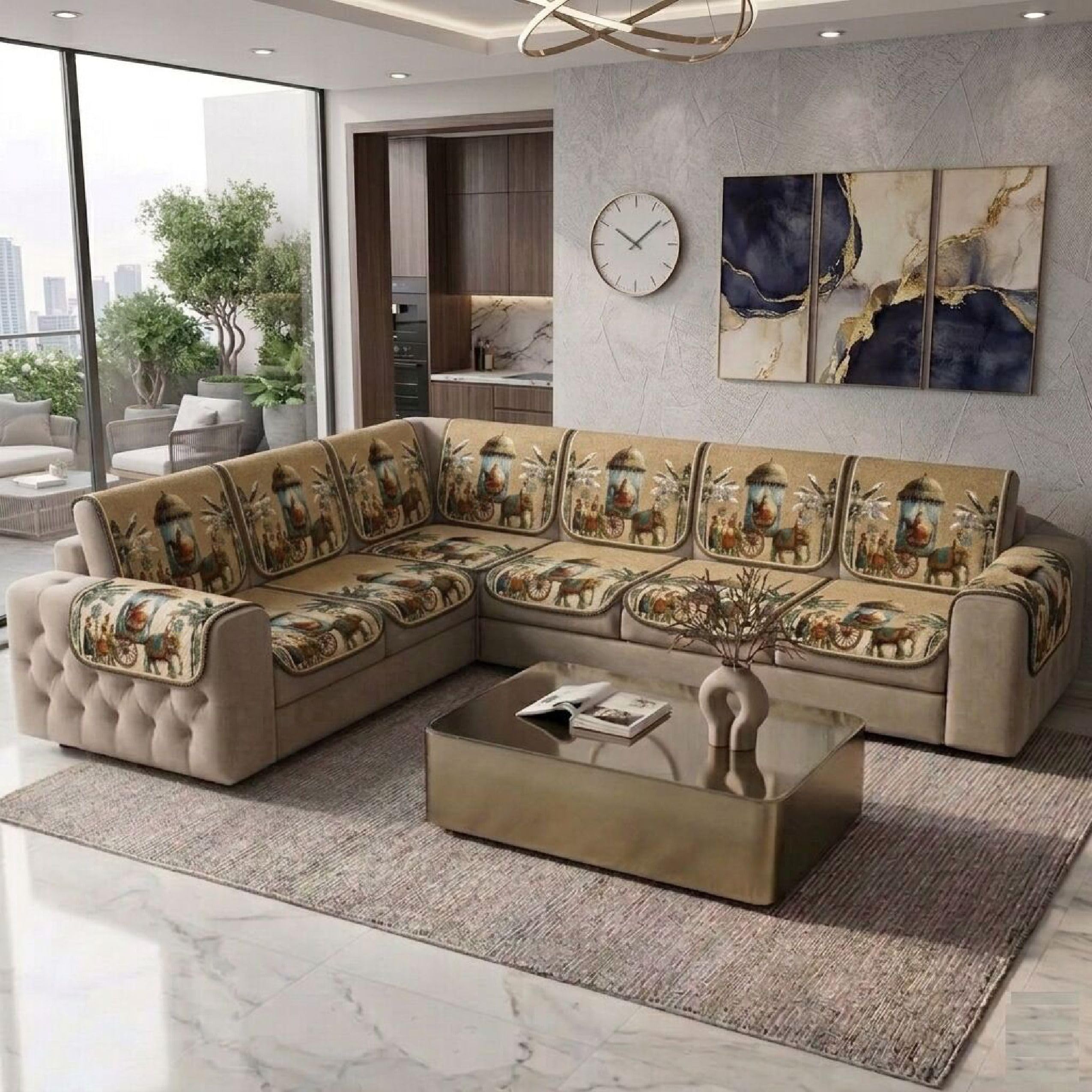 Stylish, Durable & Easy Fit Slipcovers Velvet 3+2+2 Seater Sofa Printed Cover (Pack of 14 Palki Camel) Soft, Washable & Anti-Slip Furniture Protector_84-image-48