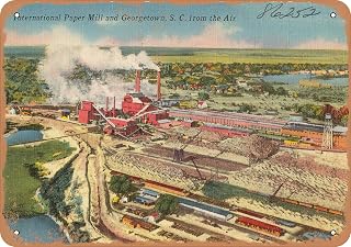 7 x 10 METAL SIGN - South Carolina Postcard - International Paper Mill and Georgetown, S. C. from air - Vintage Rusty Look