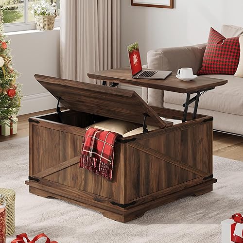 YITAHOME Farmhouse Lift Top Coffee Table, Square Wood Center Table with Large Hidden Storage Compartment for Living Room, Rustic Cocktail Table with Lift Top for Home Office,Reclaimed Barnwood