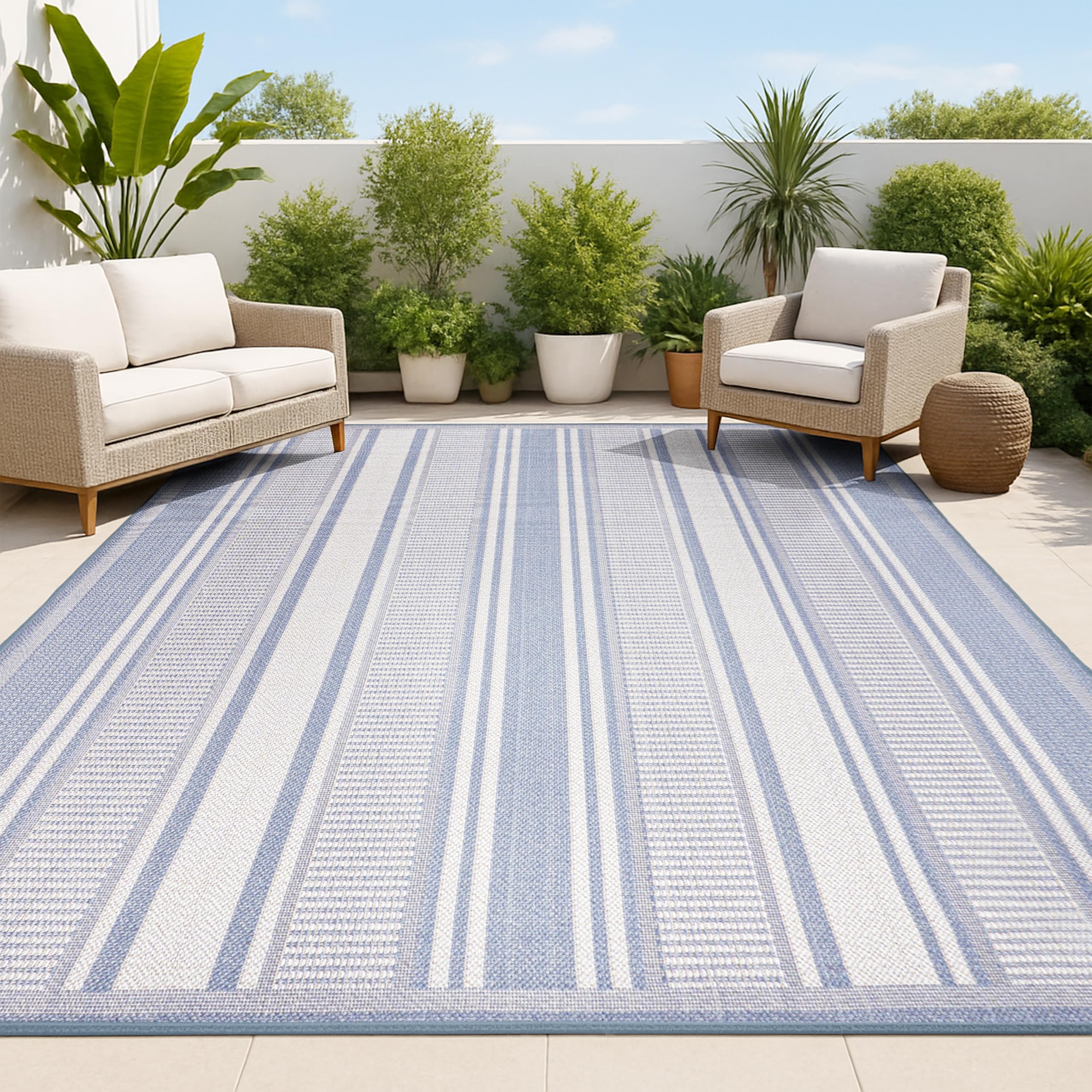 JONATHAN Y Double Stripe Indoor Outdoor Area Rug 8X10 Blue/Light Gray, Haynes Modern for Backyard, Patio, Porch, Easy-Cleaning, High Traffic,